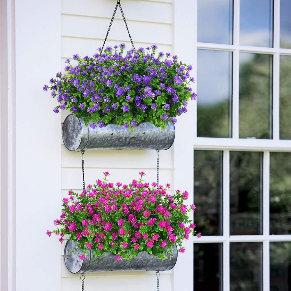 12 Bundles Outdoor Artificial Flowers UV Resistant Fake Boxwood Plants, Faux Greenery for Indoor Outside Hanging Plants Garden Porch Window Box Home Wedding Farmhouse Décor (Purple)