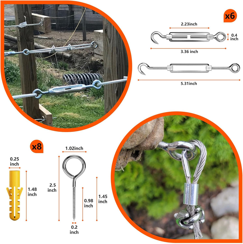 Sanuke Wire Rope Crimp Kit, 328ft 1/16 Inch Wire Rope Cable with 200pcs Crimping Sleeves and 50pcs Thimbles, 6pcs M4 Hook & Eye Turnbuckle and 8pcs Eye Screws for Railing, Decking, Hanging