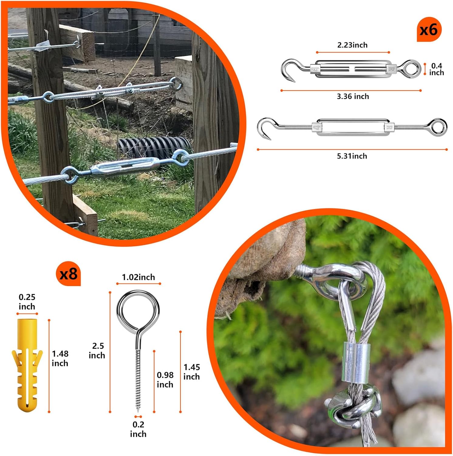 Sanuke Wire Rope Crimp Kit, 328ft 1/16 Inch Wire Rope Cable with 200pcs Crimping Sleeves and 50pcs Thimbles, 6pcs M4 Hook & Eye Turnbuckle and 8pcs Eye Screws for Railing, Decking, Hanging
