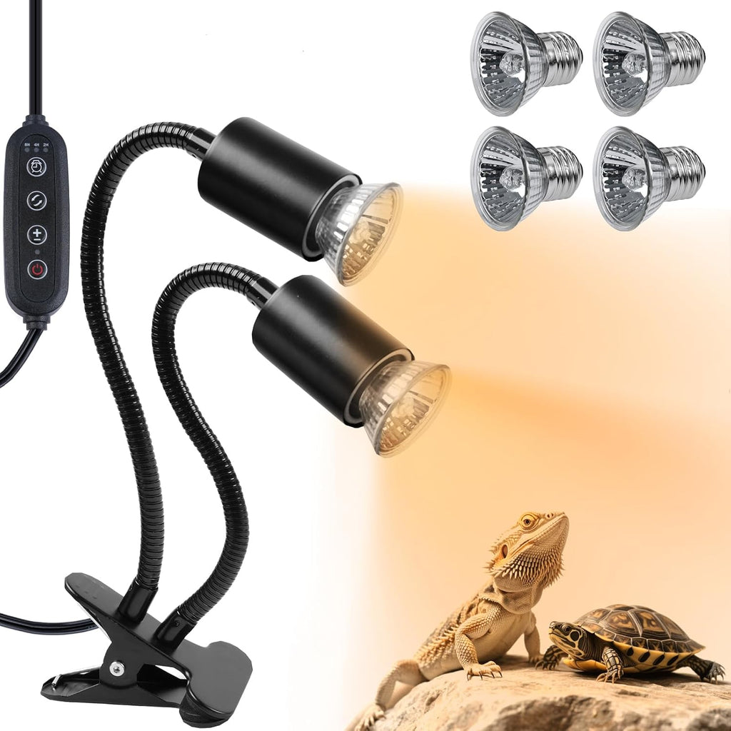 LUCKY HERP Reptile Heat Lamp, Dual Head UVA UVB Reptile Light with Cycle Timer, 360°Rotatable Dimmable Aquarium Turtle Tank Basking Light with 4 Bulbs (2PCS 25W and 2PCS 50W)