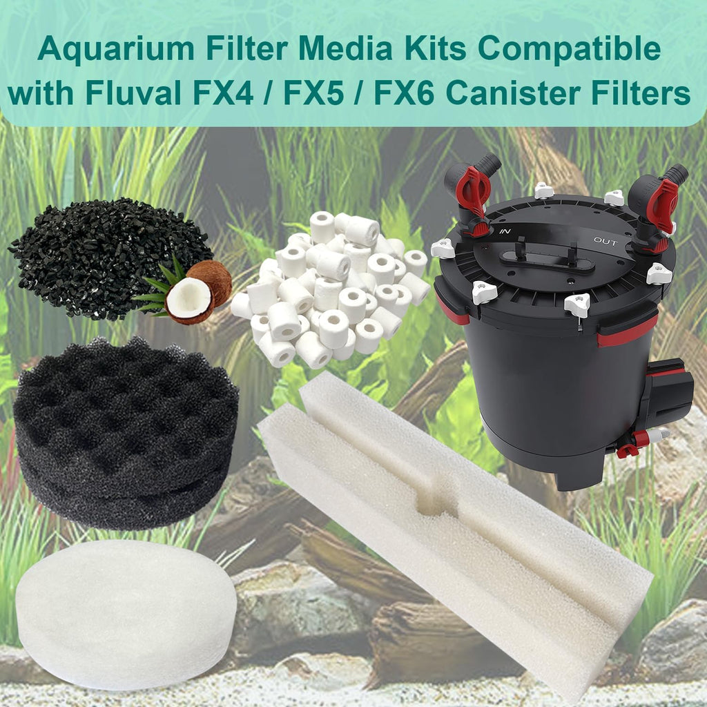 42 PCS Aquarium Media Kits Replacement for Fluval FX4 / FX5 / FX6 Canister Filters, Including Bio-Foam Block, Carbon Sponge Filter, Ceramic Ring, Activated Carbon, Silicone Lubricant, Filter Pad