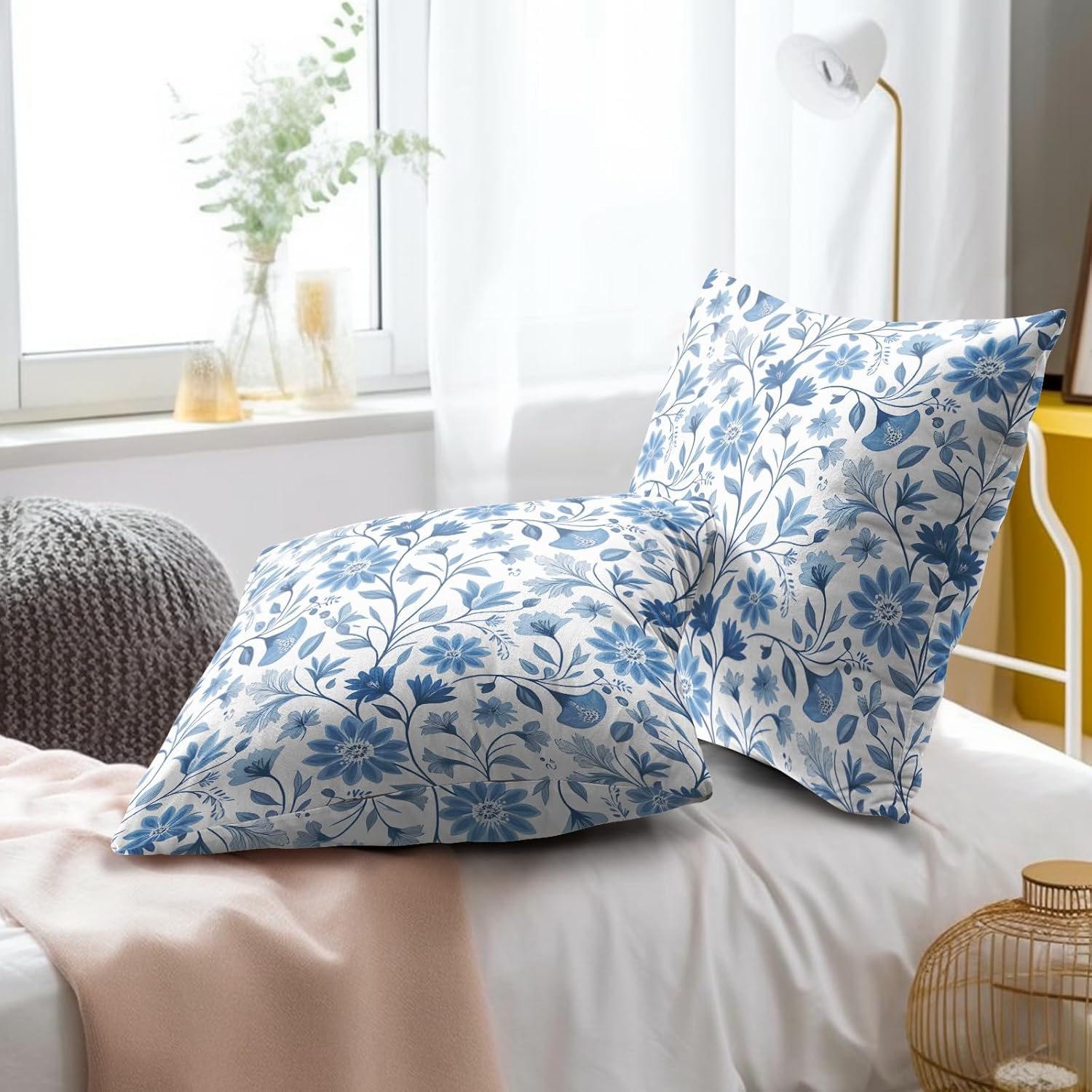 Boho Chic Blue Floral Throw Pillow Covers Set of 2 Ultra-Soft All-Season Pillow Shams with Hidden Zipper,Durable for Sofa Bed Car Decor & Gift Luxury 18x18IN