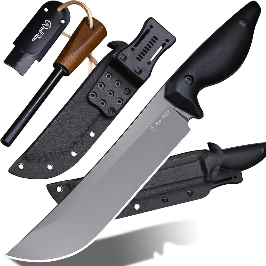 BA-KOR 5MM (9CR18MOV) steel 12.8'' full tang Hunting knife +K sheathing &5.9" cerium igniter can be used outdoors for outdoor hunting, camping, obstacle clearing, wood chopping, BBQ, fishing, kitchen cutting, EDC tools, gifts