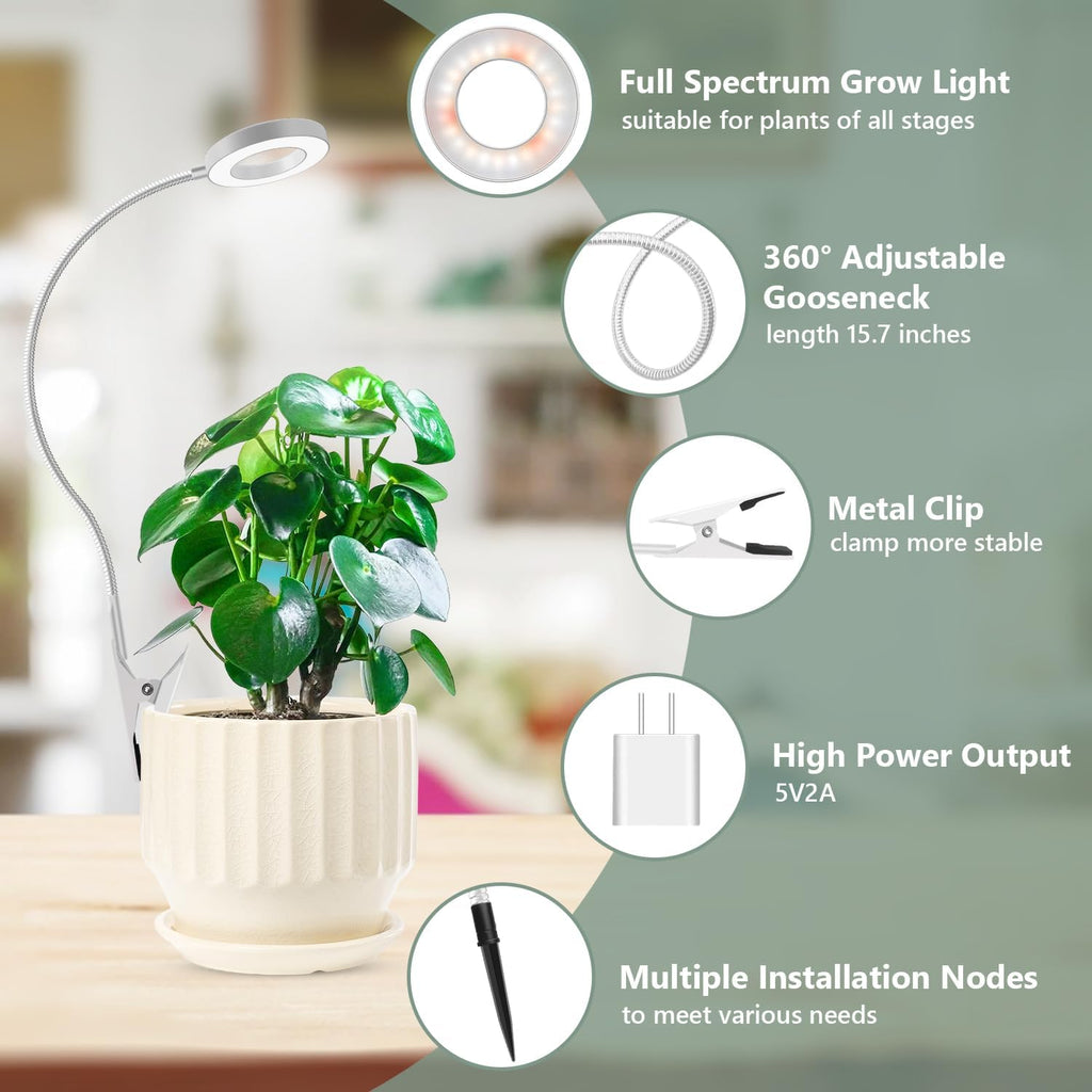 Plant Light Clip on 2 Pack, 6000K White Full Spectrum Plant Lights for Indoor Growing, Halo Grow Lamp with 360° Gooseneck, 6/12/16H Timer, 3 Light Modes, 5 Level Dimmable