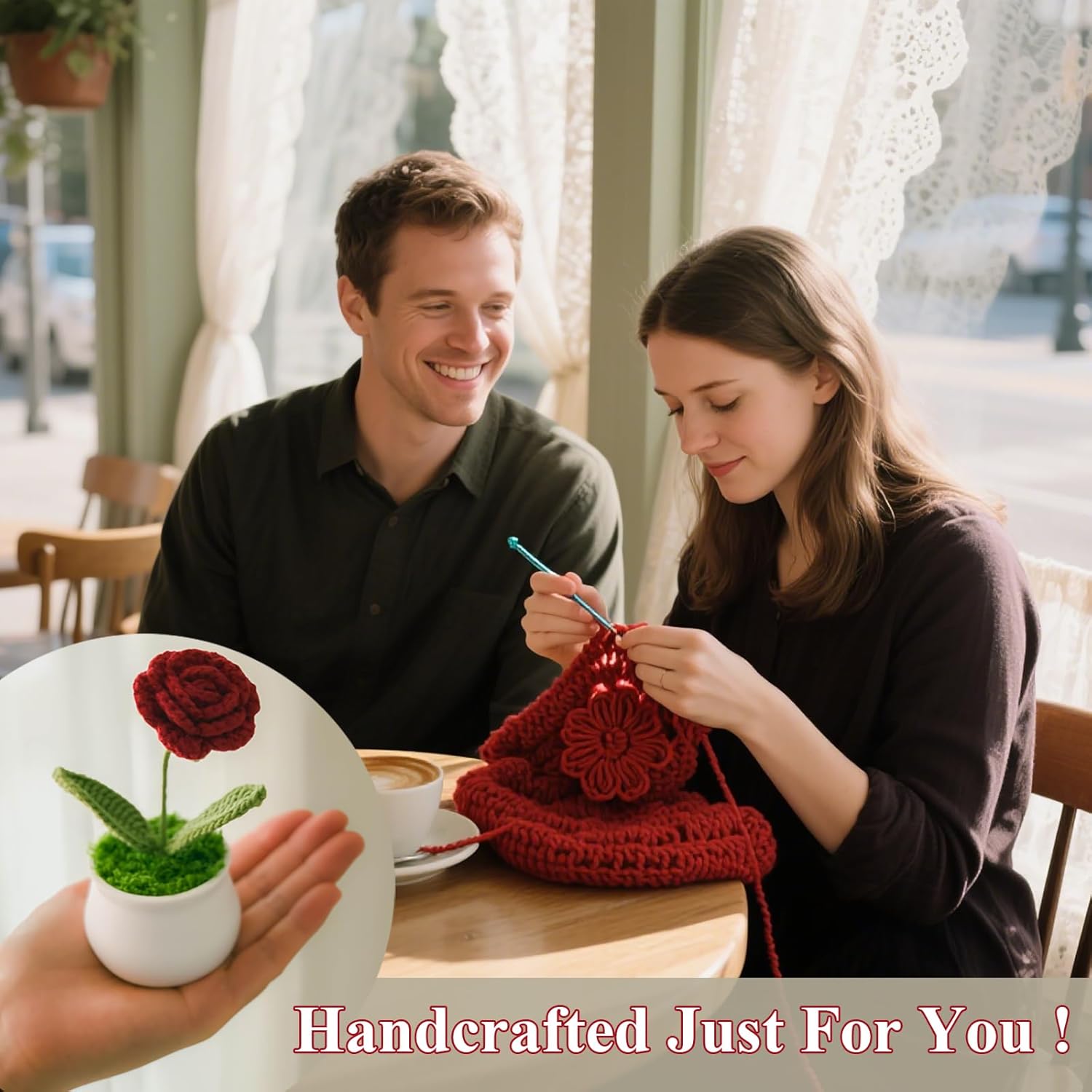 Crochet Flowers Cute Little Flower, Birthday Gifts for Girlfriend, Teacher, Graduation, Anniversary, Christmas, Valentines Day Gift to My Love, Her Decor for Home and Office(Burgundy Rose)