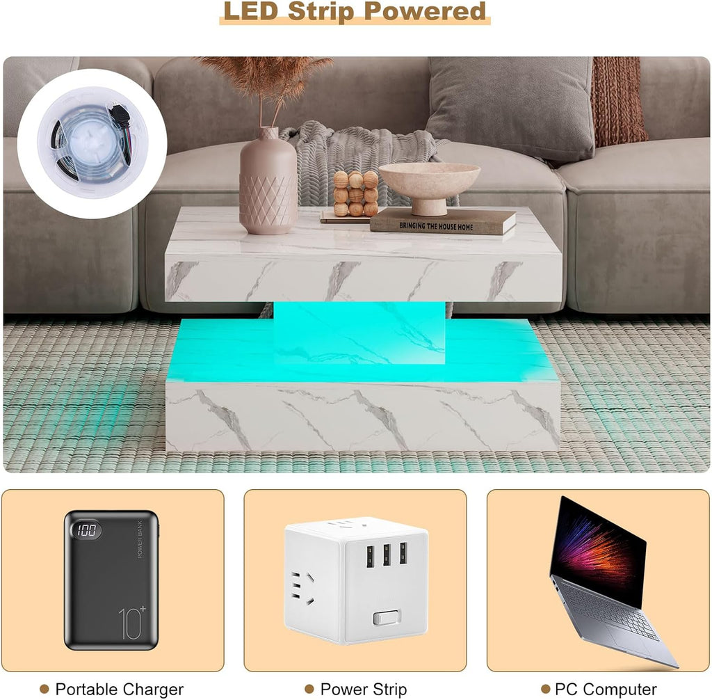 White Marble LED Coffee Table for Living Room, Living Room Table 2-Tier Square Middle Center Table, Modern Coffee Tables with Storage, Contemporary Wood Tea Tables for Dining Reception