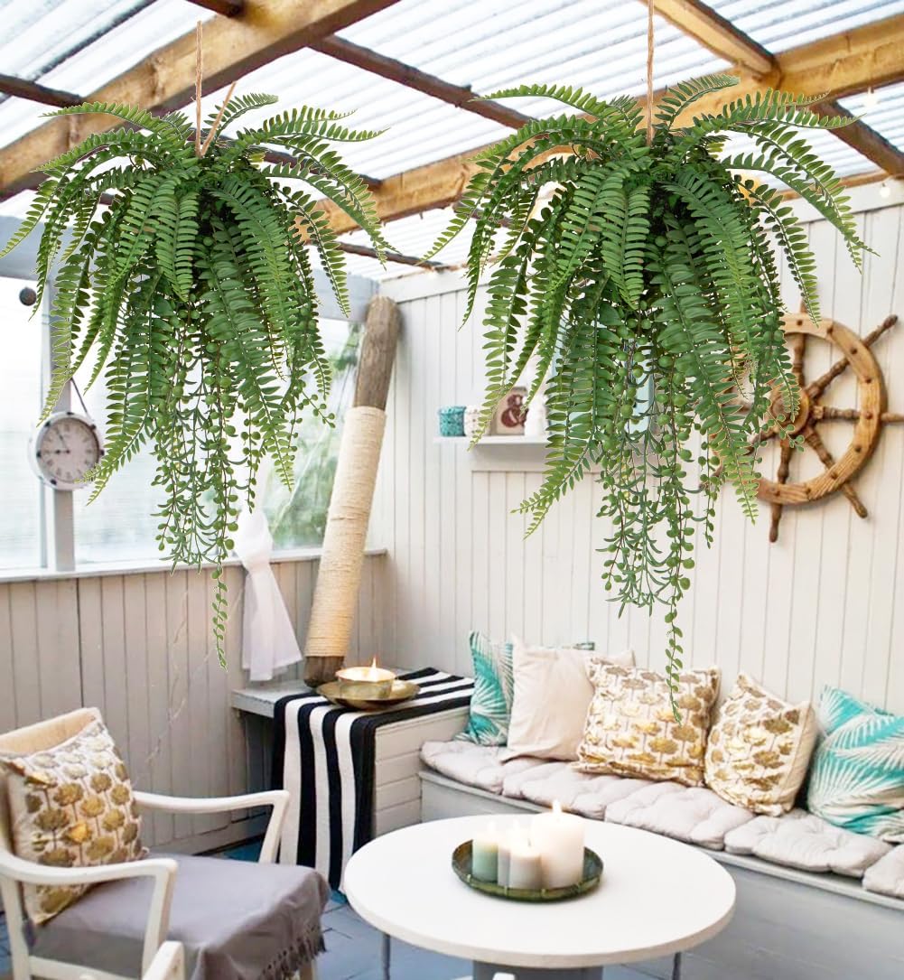 Large Fake Hanging Plants Mixed Fern Faux Hanging Plants Realistic Fake Plants with Hemp Rope Moss Artificial Hanging Plants Indoor for Home Bedroom Bathroom Porch Wall Window Sill Decor