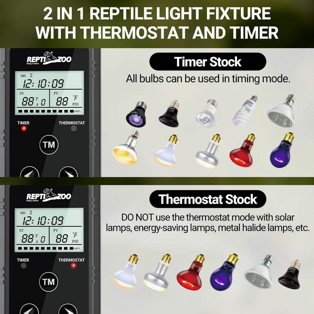 REPTI ZOO Reptile Light Fixture with Thermostat and Timer, Dual Deep Dome Fixture with PID Reptile Dimming Thermostat Switching Thermostat Heat Lamp Temperature Controller and Timing Function