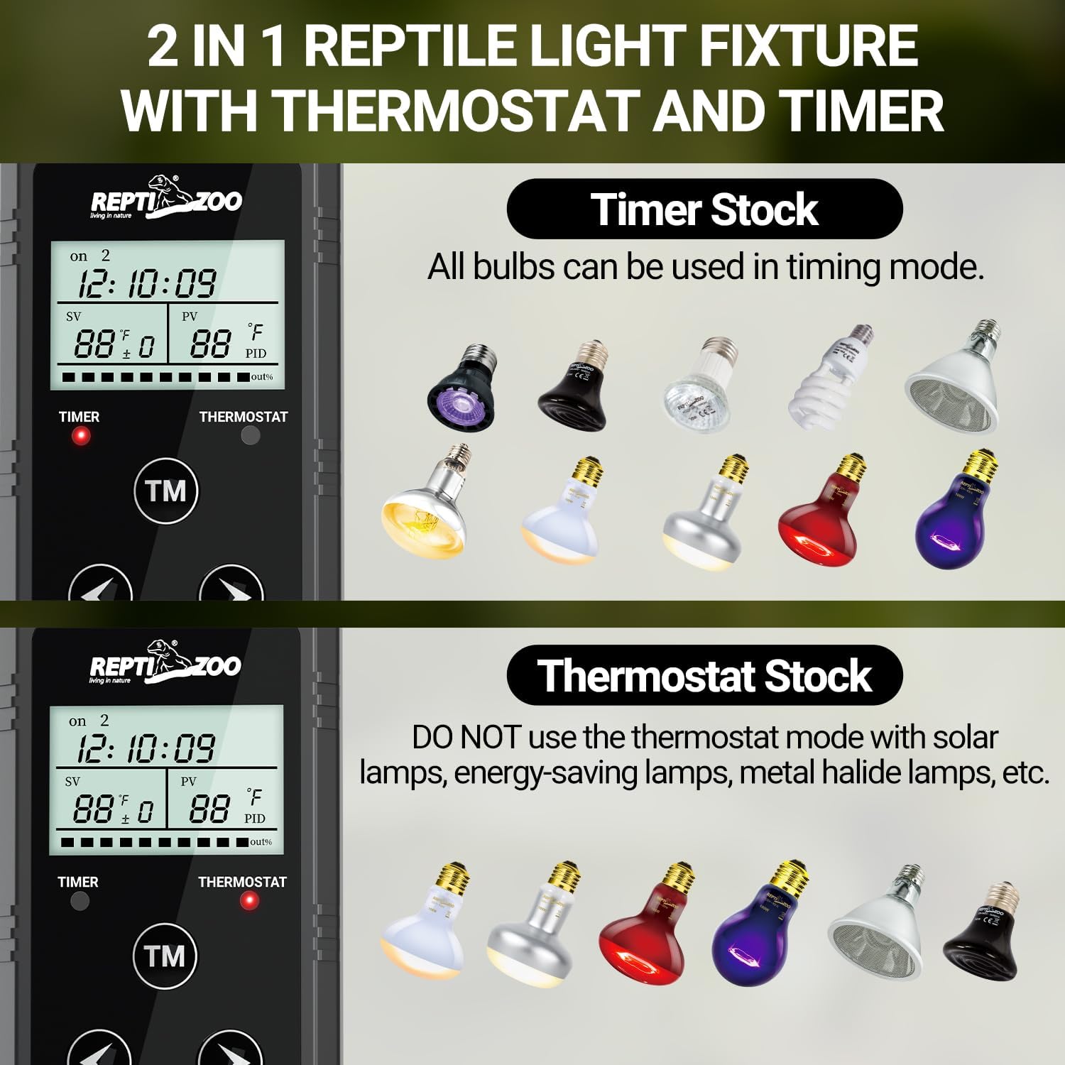 REPTI ZOO Reptile Light Fixture with Thermostat and Timer, Dual Deep Dome Fixture with PID Reptile Dimming Thermostat Switching Thermostat Heat Lamp Temperature Controller and Timing Function