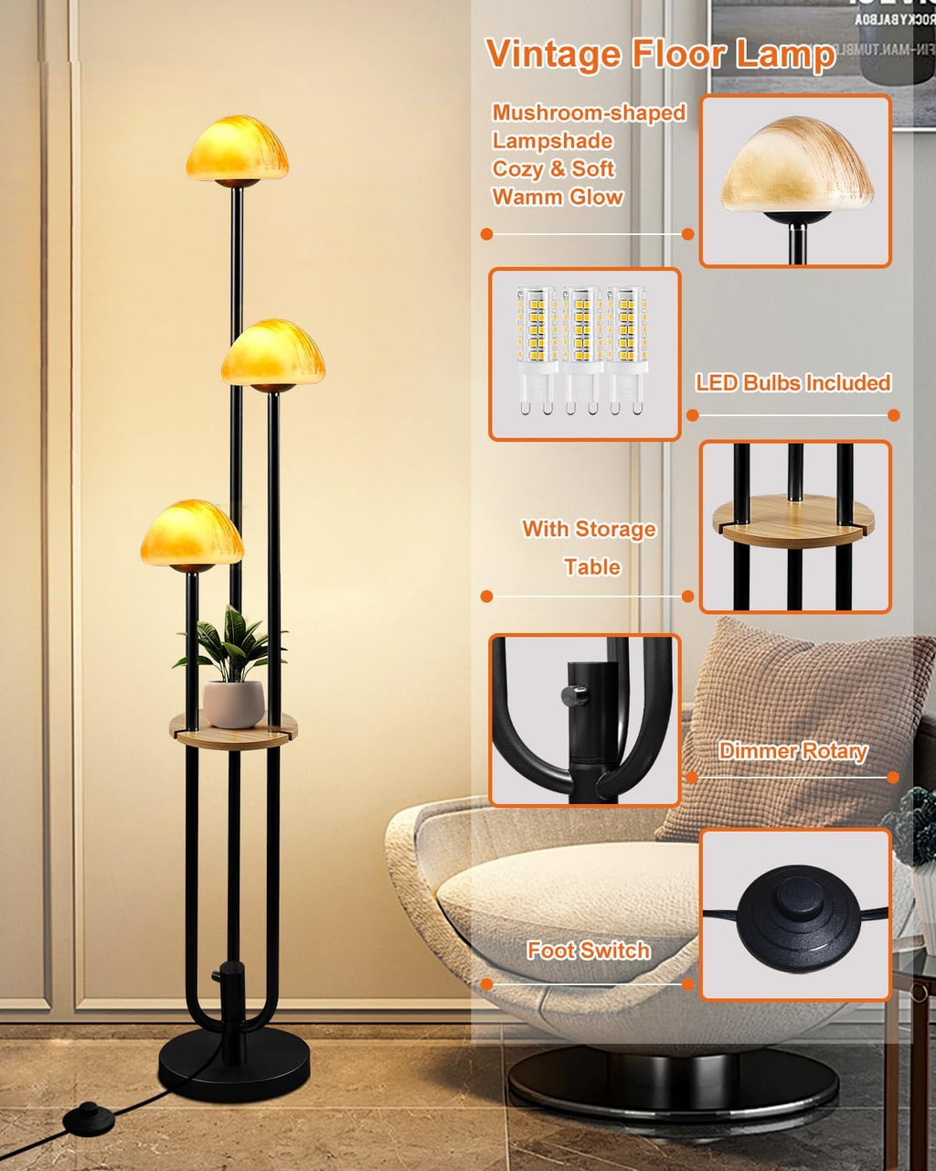 Lightdot Black Dimmable Floor Lamp with Table, Modern Floor Lamps for Living Room, 3000K Warm Lights Tall Standing Lamp with Mushroom Shades & Bulbs for Bedroom/Office