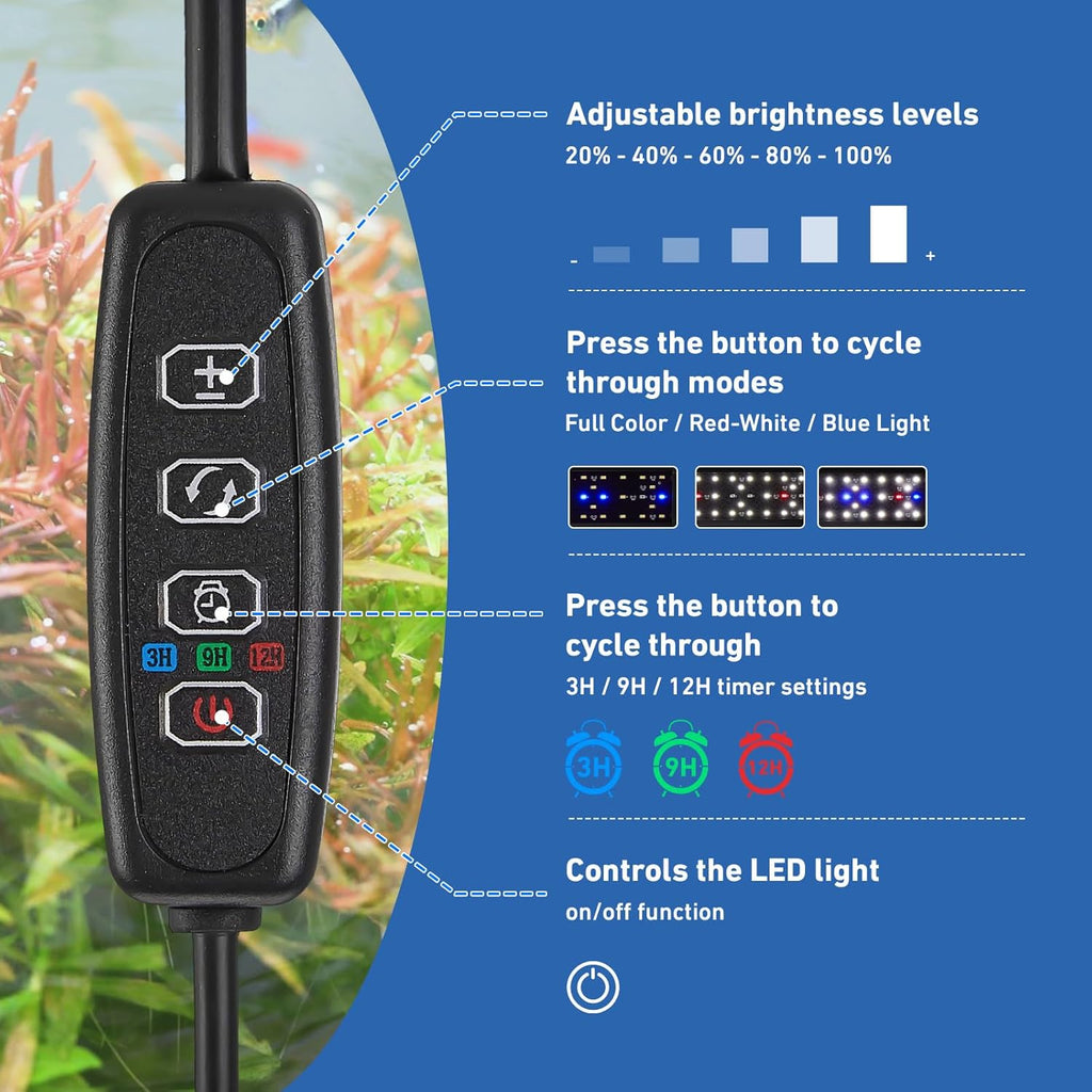 LED Aquarium Light for 24-30 Inch Fish Tanks – Timer with Auto On/Off, 10-Level Brightness, White/Blue/Red+White Modes, Extendable Brackets & Hanging Design (Rope Not Included) (24-30inch)