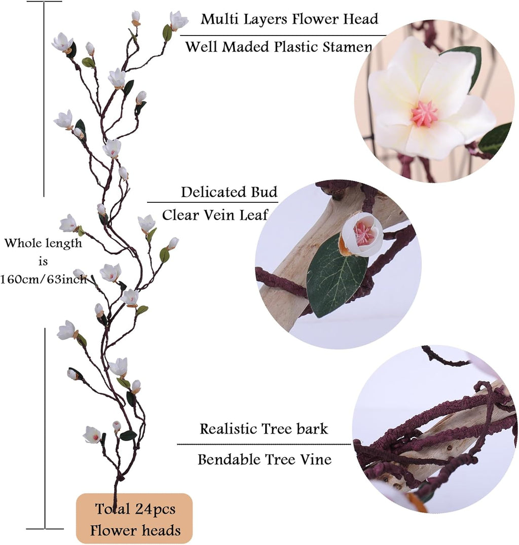 160cm/63inch Bendable Artificial Magnolia Flower Tree Branches Garland Orchid Door Hanging Floral Vines Wreath for Wedding Sign Arch Wall Backdrop Home Garden Mantel Decoration (White)