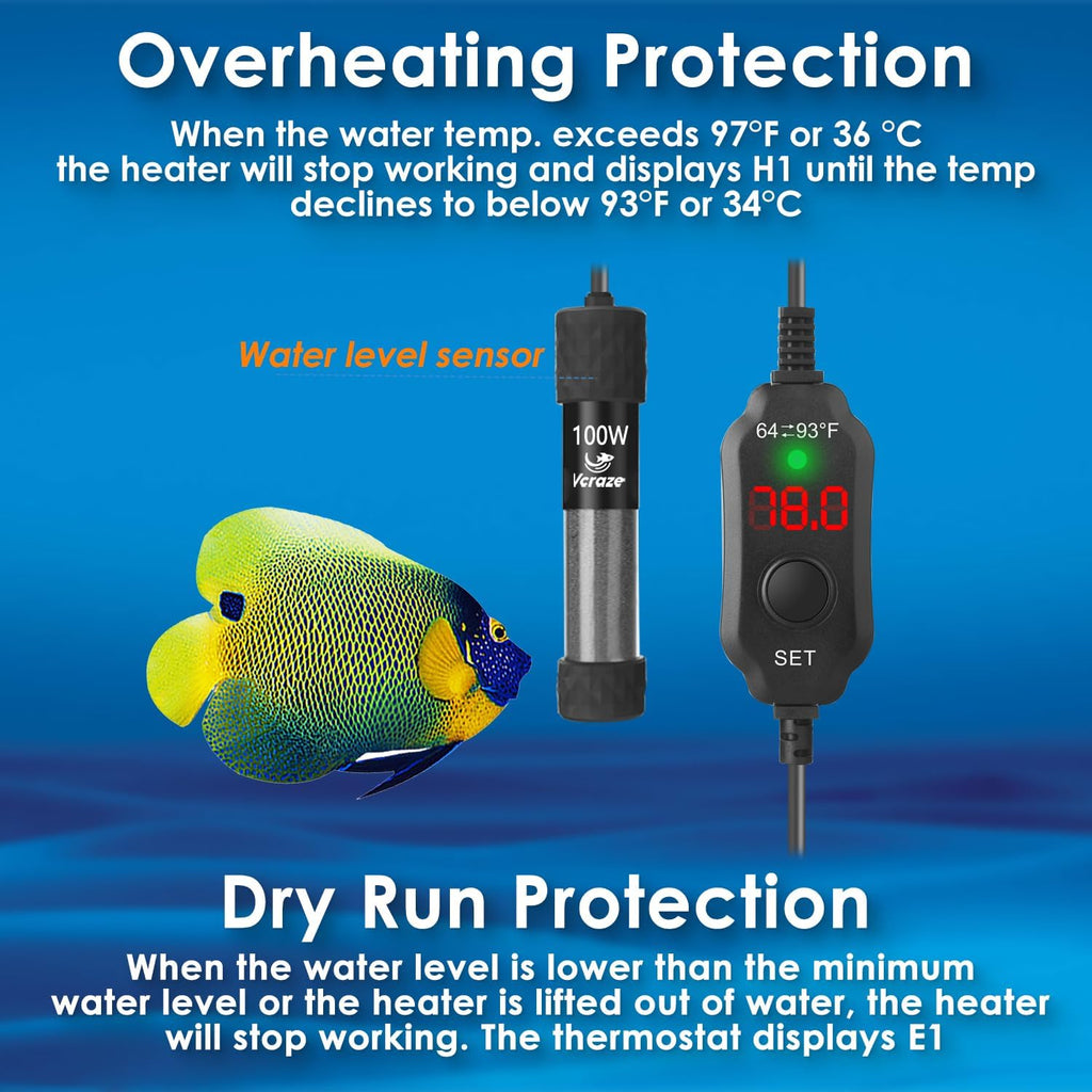 Super Compact 100W Fish Tank Heater, Submersible Aquarium Heater with LED Digital Display Thermostat, Adjustable Fish Heater for 10-20 Gallon Tanks