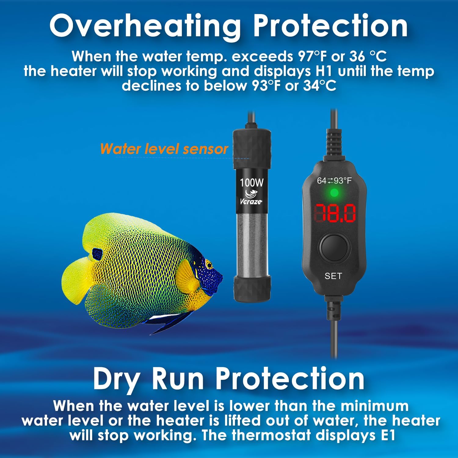 Super Compact 100W Fish Tank Heater, Submersible Aquarium Heater with LED Digital Display Thermostat, Adjustable Fish Heater for 10-20 Gallon Tanks