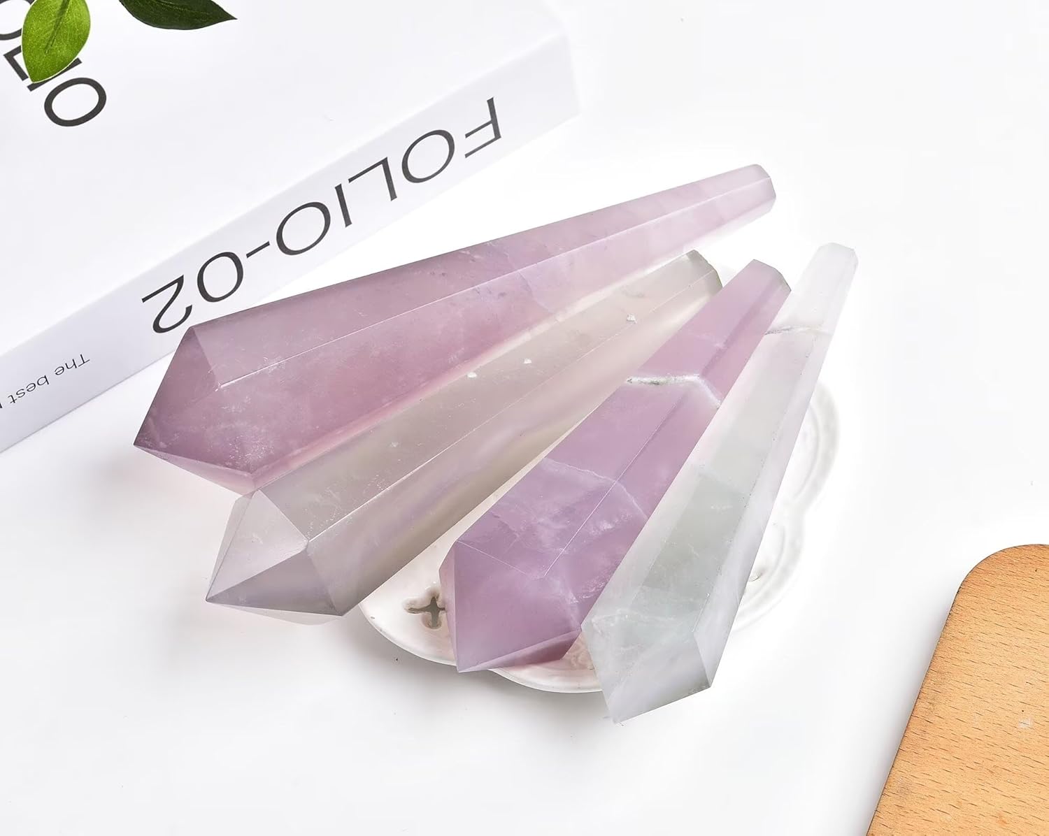Lavender Fluorite Wand Point Long Healing Crystal Scepter Decorative Stone Reiki Meditation with Display Stand Home Office Decor 0.2-0.4LBS