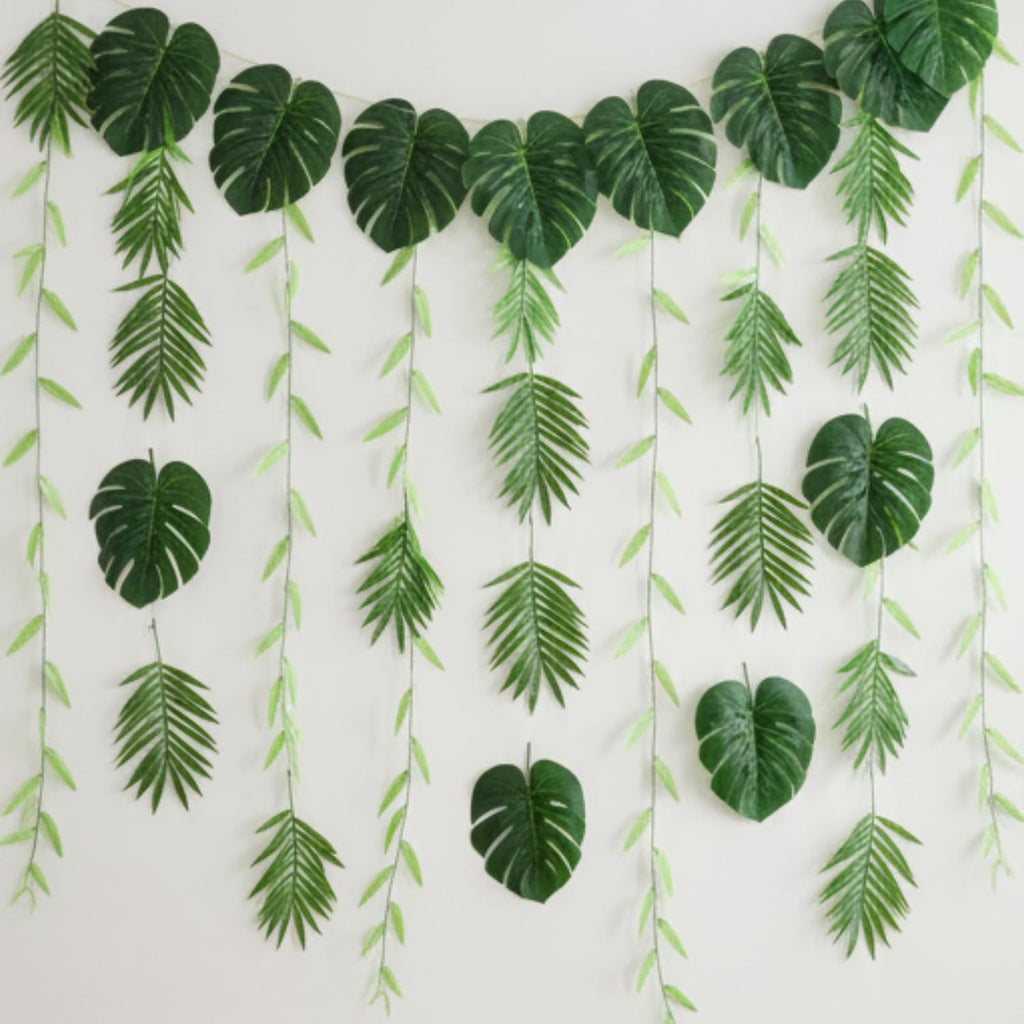 XunYee 110 Pcs Artificial Vines Greenery Garland and Monstera Palm Leaves Decoration Set, Fake Wicker Rattan Vines Tropical Faux Leaves Bulk for Jungle Safari Baby Shower Plant Party Decoration
