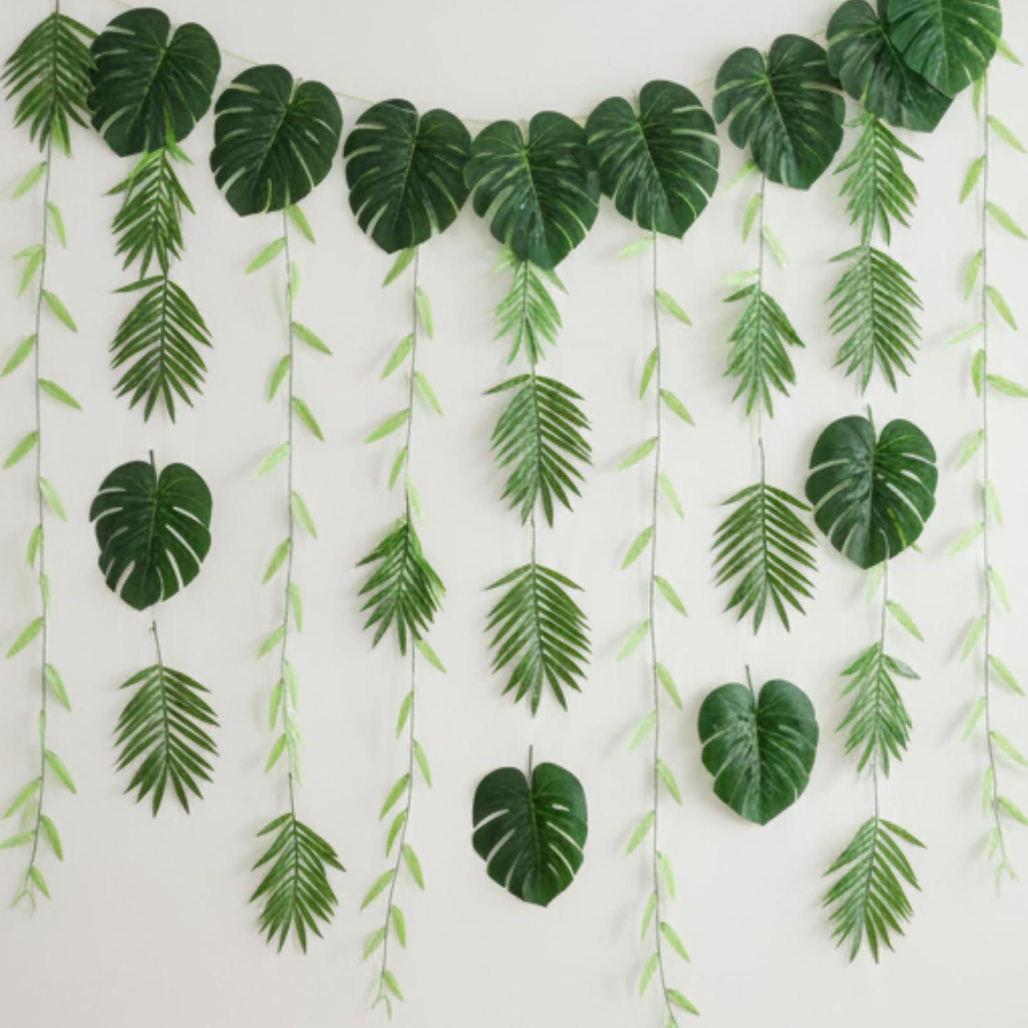 XunYee 110 Pcs Artificial Vines Greenery Garland and Monstera Palm Leaves Decoration Set, Fake Wicker Rattan Vines Tropical Faux Leaves Bulk for Jungle Safari Baby Shower Plant Party Decoration