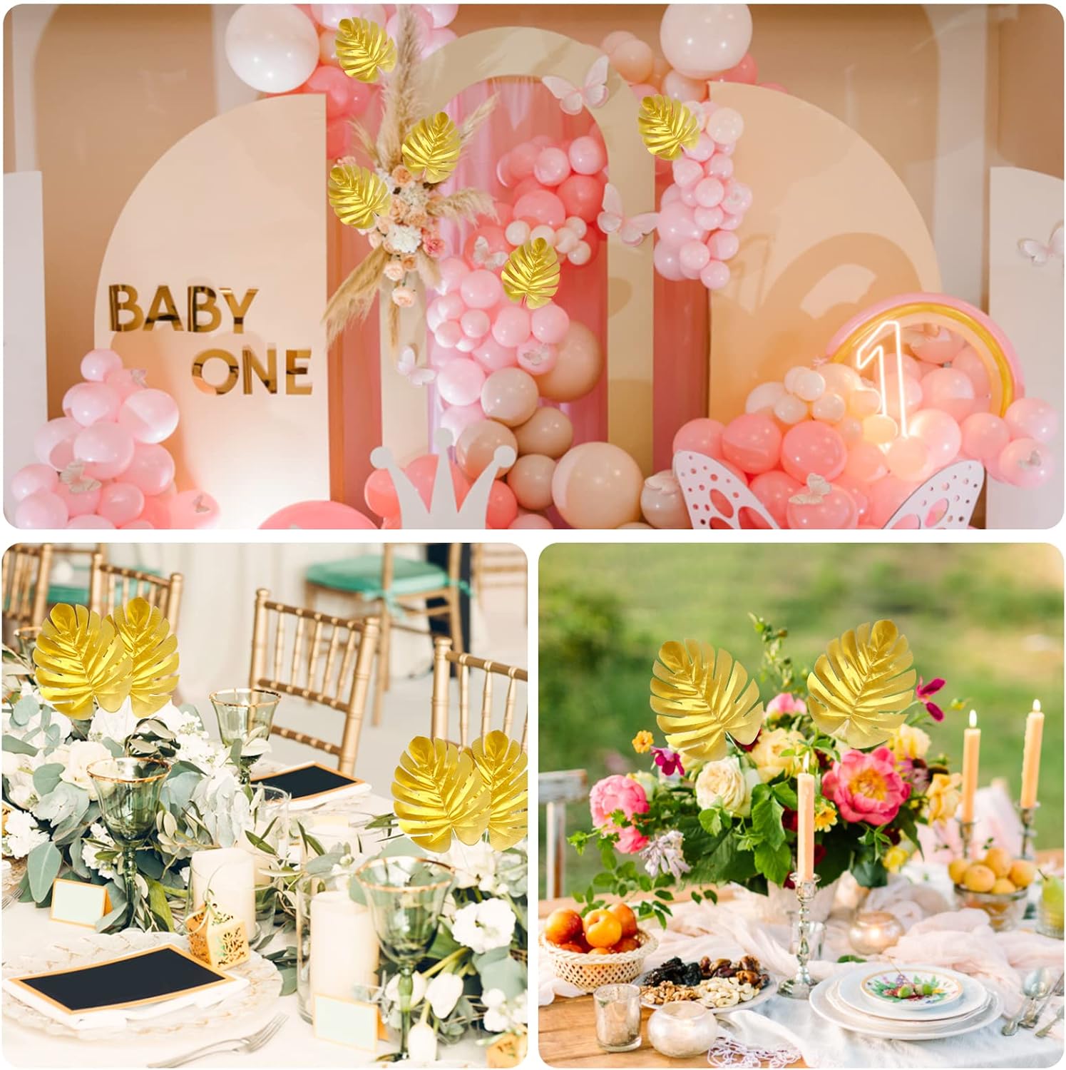 KIMOBER 24PCS Artificial Gold Palm Leaves, Golden Faux Tropical Monstera Leaves Realistic Artificial Plants Leaf for Home Hawaiian Luau Party Jungle Beach Decorations