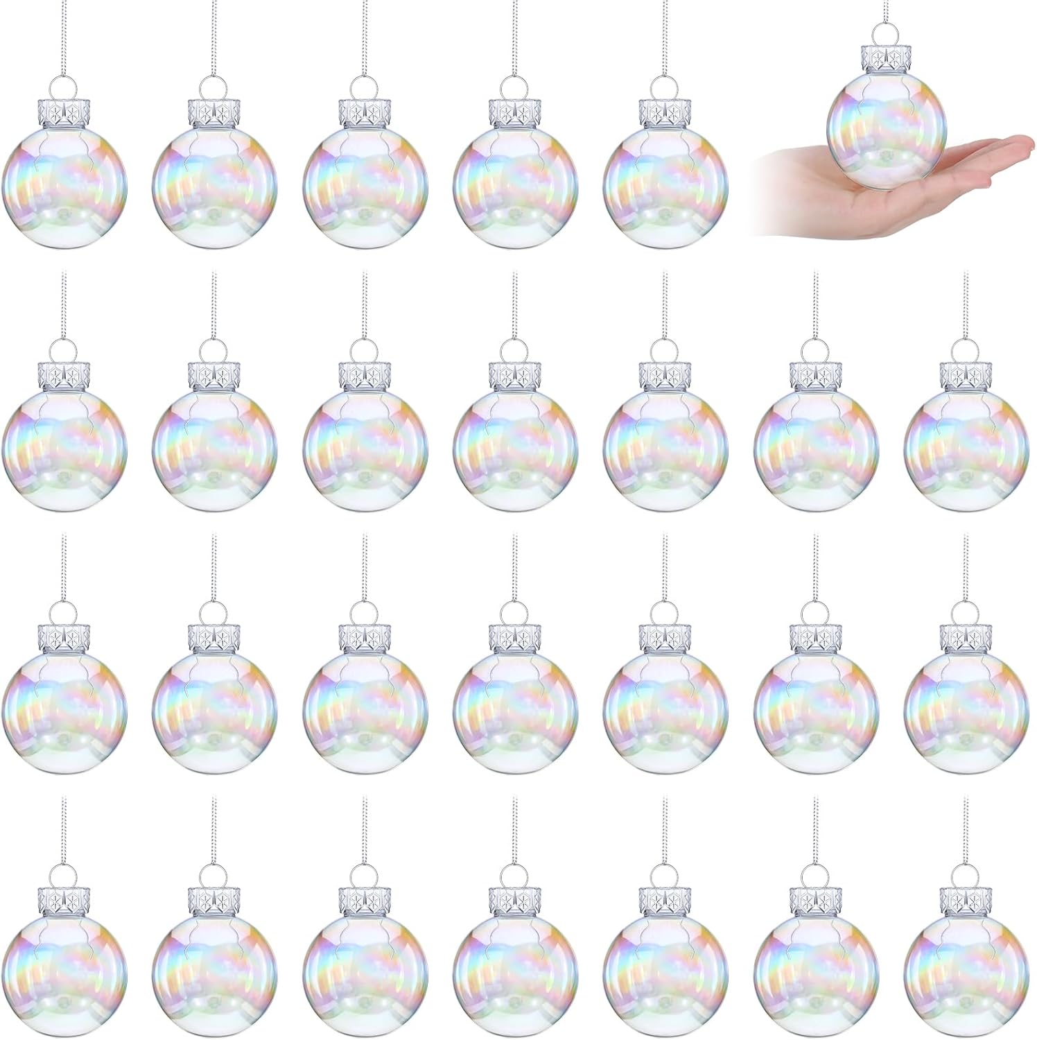 Funtery 24 Pcs Christmas Iridescent Clear Ornaments Balls Iridescent Christmas Balls for Tree Crafts Fillable Transparent DIY Hanging 2.5 Inch Rainbow Ball for Holiday Decor (Iridescence Style)
