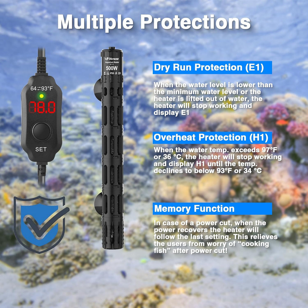 Fish Tank Heater with LED Digital Display Thermostat, Submersible Aquarium Heater with Protective Housing, 500W Adjustable Fish Heater for 75-120 Gallon Tanks