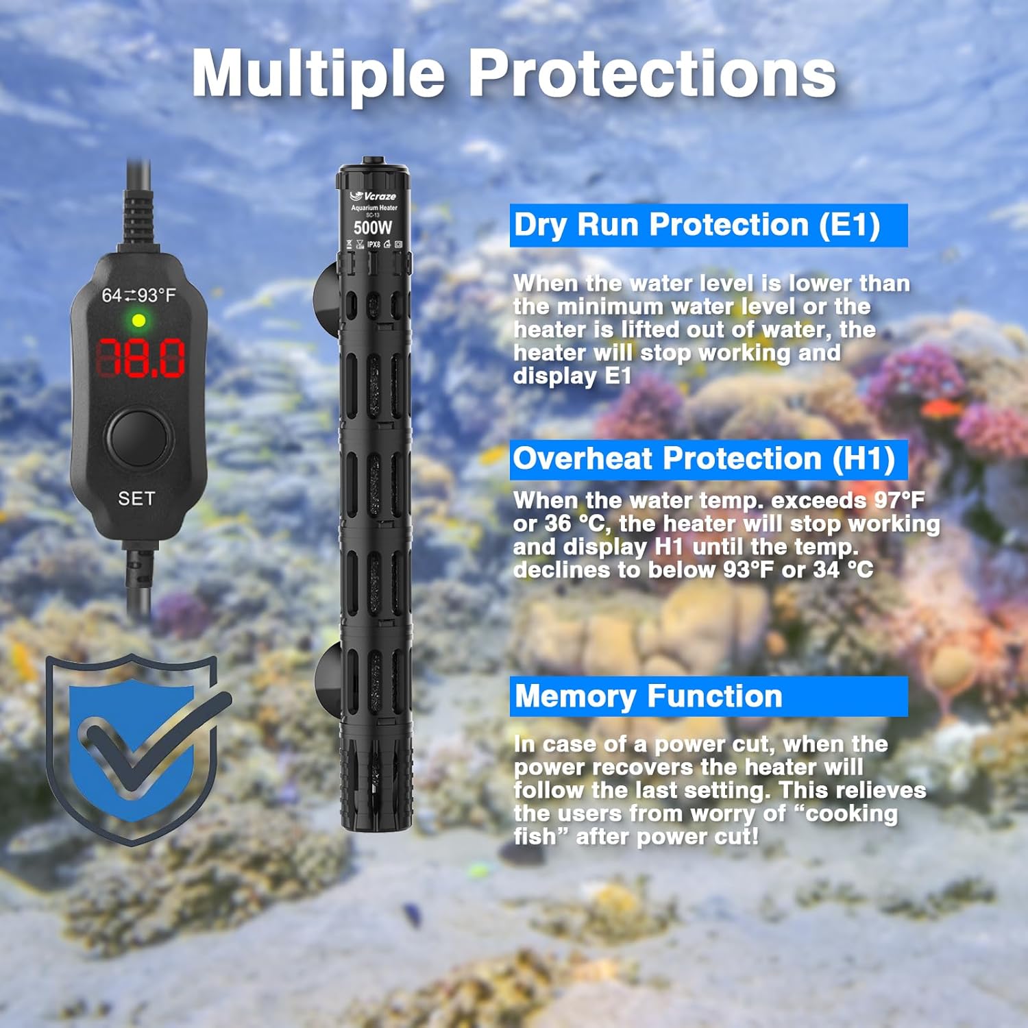 Fish Tank Heater with LED Digital Display Thermostat, Submersible Aquarium Heater with Protective Housing, 500W Adjustable Fish Heater for 75-120 Gallon Tanks