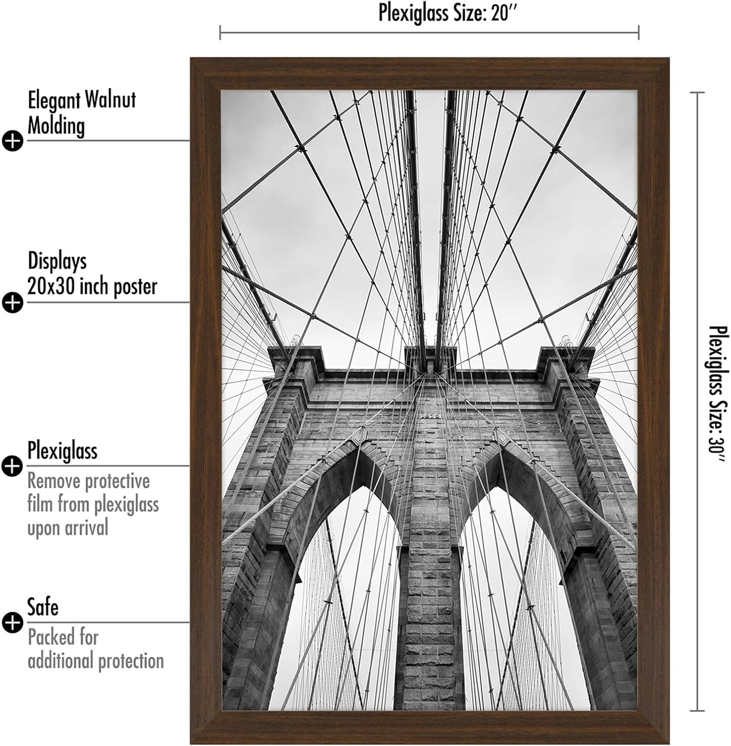 Americanflat 20x30 Poster Frame with Polished Plexiglass - Wide Picture Frames Made of Engineered Wood for Vertical or Horizontal Wall Display - Epic Collection - Walnut