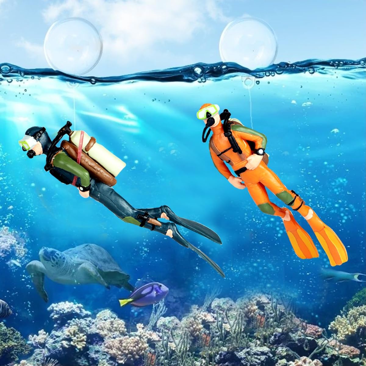 2pcs Floating Fish Tank Decorations, Cute Little Diver Aquarium Decoration Cartoon Fish Playmate with Floating Device Fish Tank Accessories