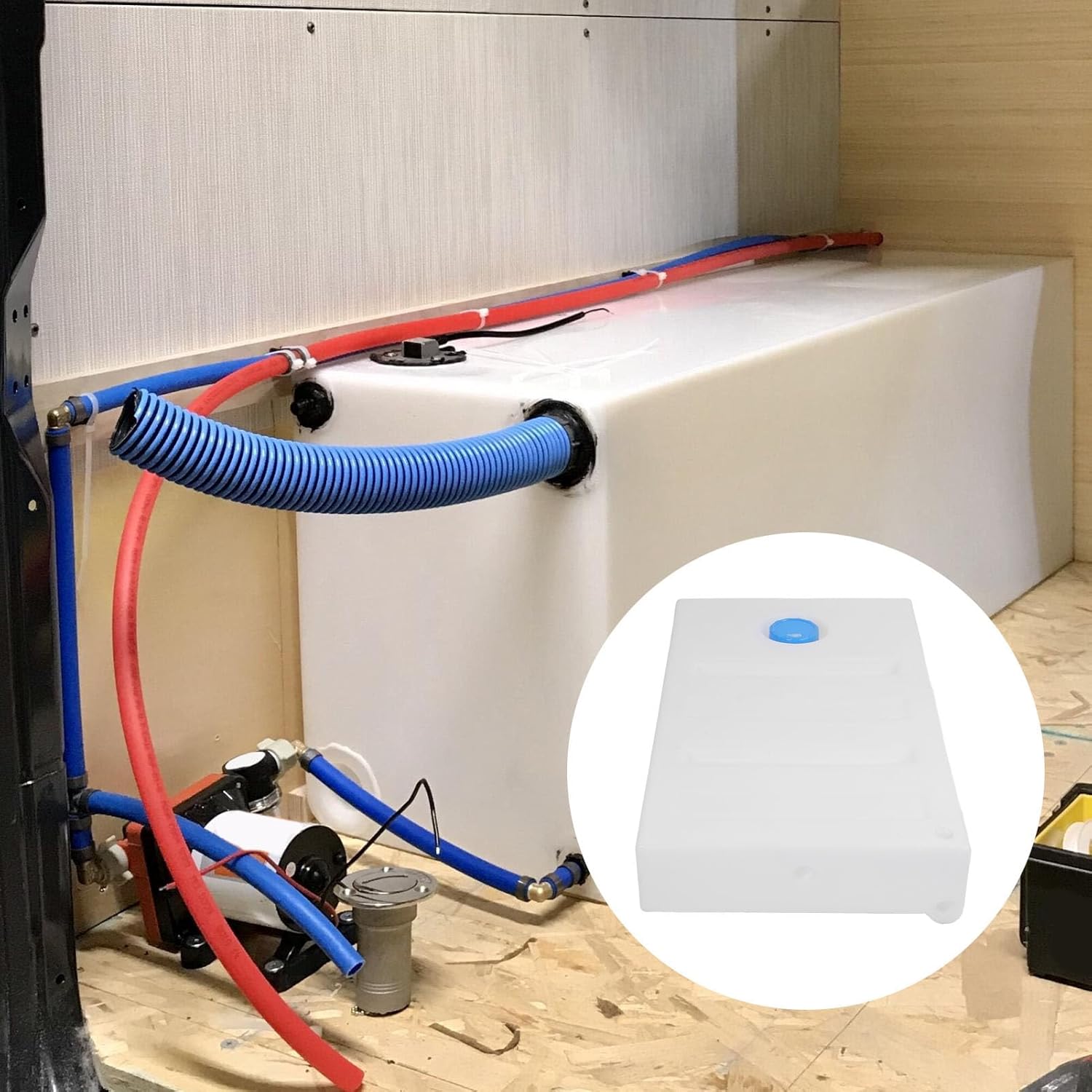Asixxsix 21Gallon RV Fresh Water Tank, Cube Shape Potable Water Storage Tank Seamless 85MM Water Inlet Water Plastic Storage for Drinking Cooking Cleaning Showering Campers Trailers
