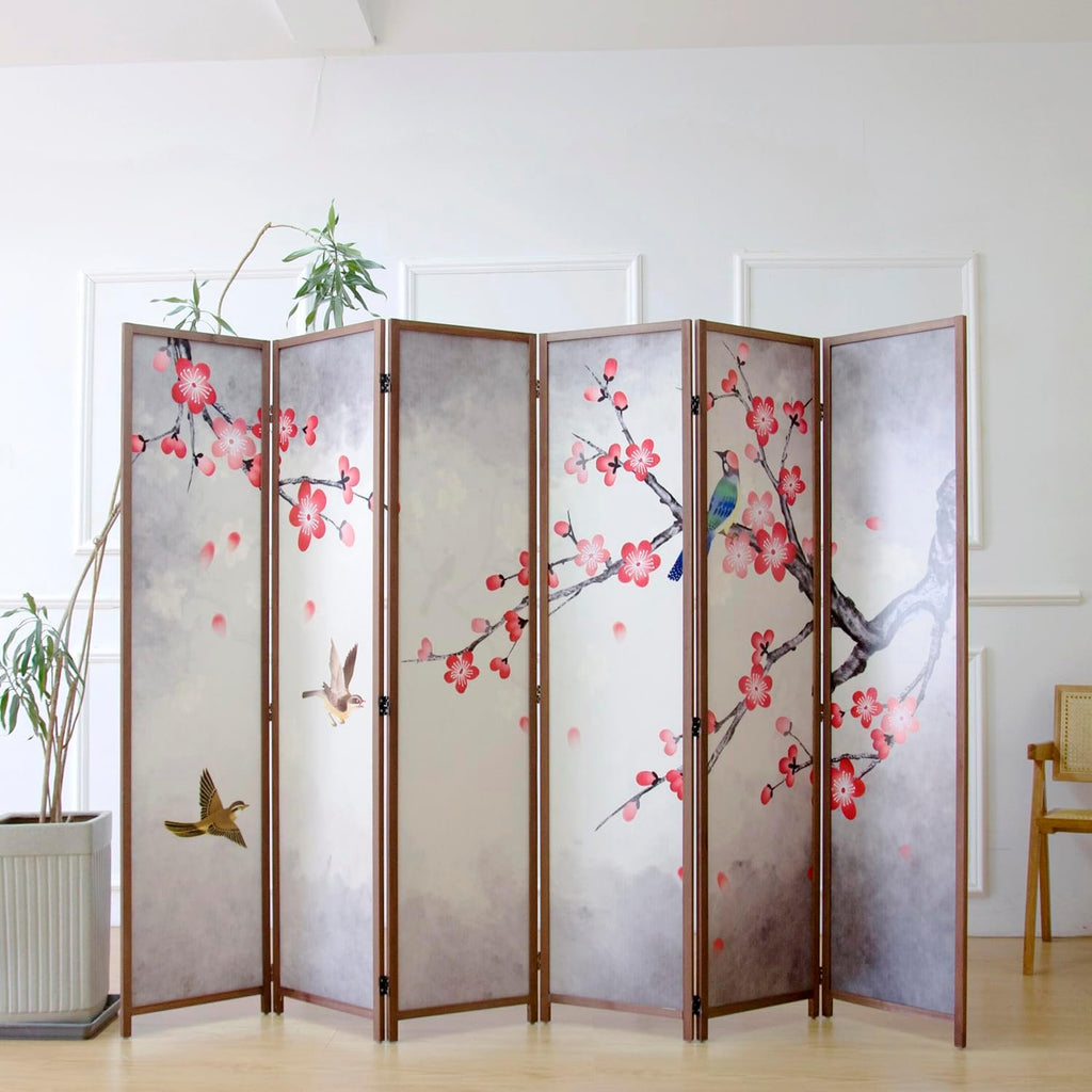 6 Panel Room Divider Screen,Double Faced Blackout Panel Divider Folding Panel Screen Divider for Room Separation,Magnolia and Plums,67" H x 94.5" W