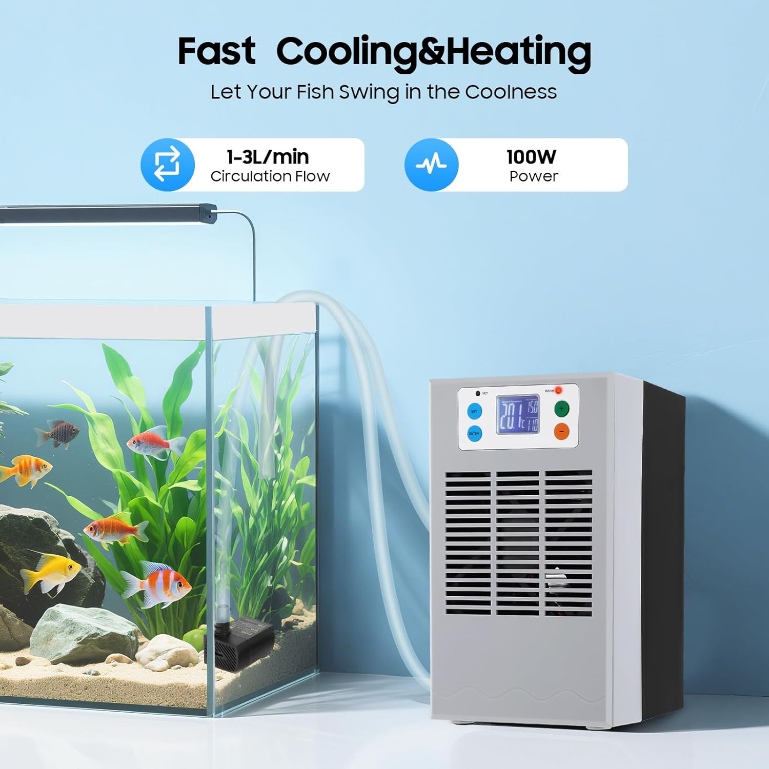 100W Aquarium Chiller, 30L/8GAL Axolotl Cooler, 2 in 1 Hydroponics Water Heater & Chiller, 1/7HP Fish Tank Chiller, Water Clooer for Axolotl Jellyfish Shrimp Gold Fish Silver Black