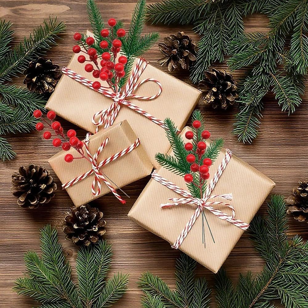 40 Pcs Artificial Green Pine Branches Holly Red Berry Stems Fake Norfolk Needles Picks Christmas Tree Decoration Xmas Wreath Decor Accessories