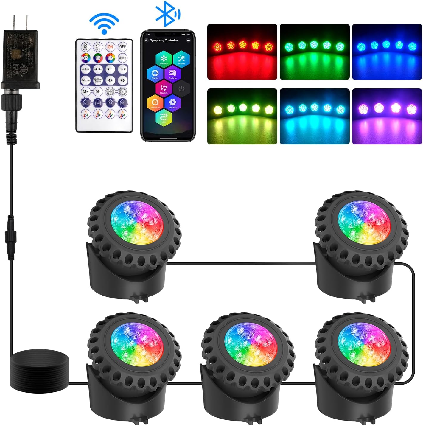 T-SUN Colored Pond Lights with APP and Remote Control – Bright LED Underwater Light Submersible Fountain Lights, IP68 Waterproof Landscape Lighting for Garden Koi Ponds Aquarium (Set of 5)