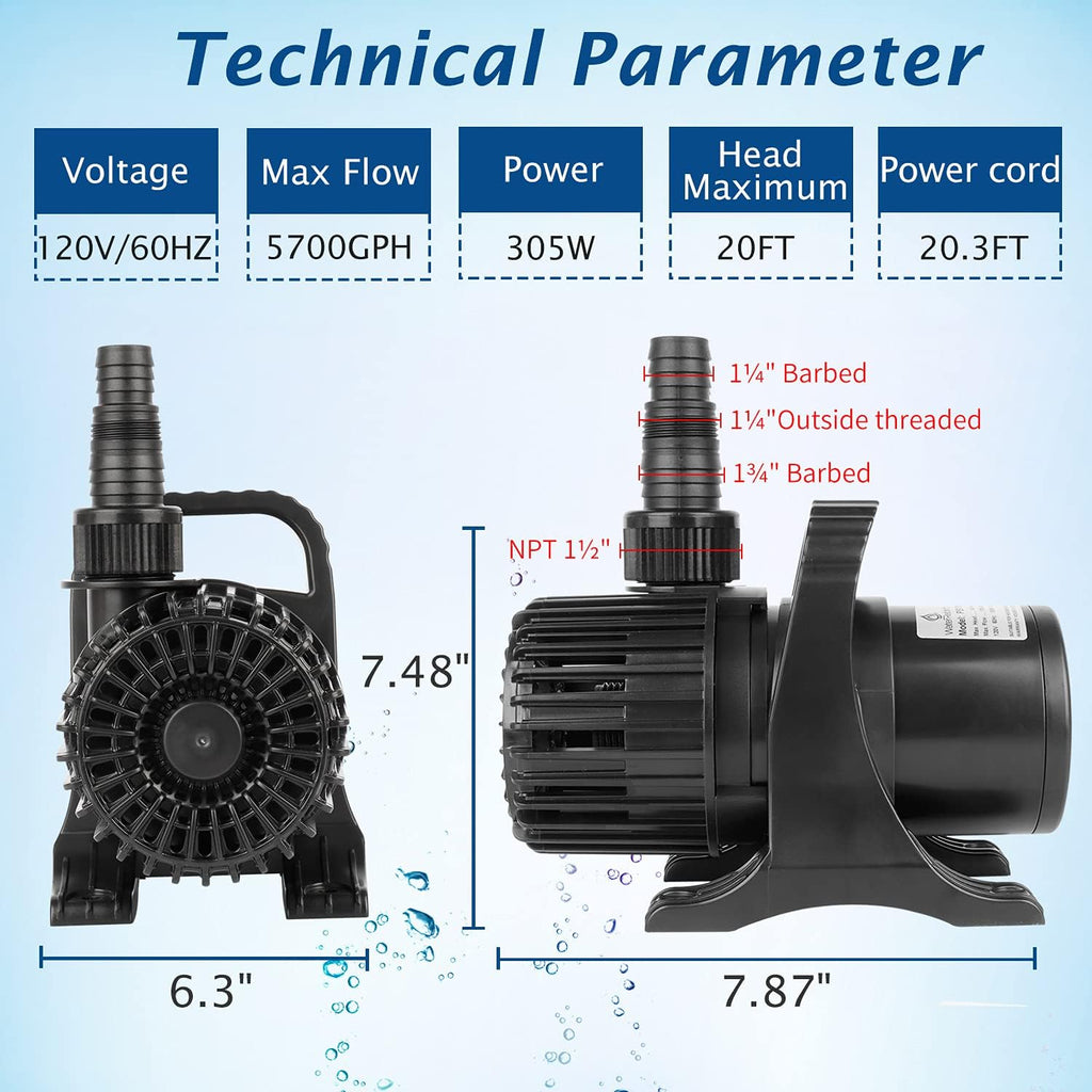 WaterRebirth (5700GPH-305W, UL listed) High Flow Large Fountain Submersible Water Pond Sump Pump Aquarium Electric Waterfall Pump Outdoor PS-5700