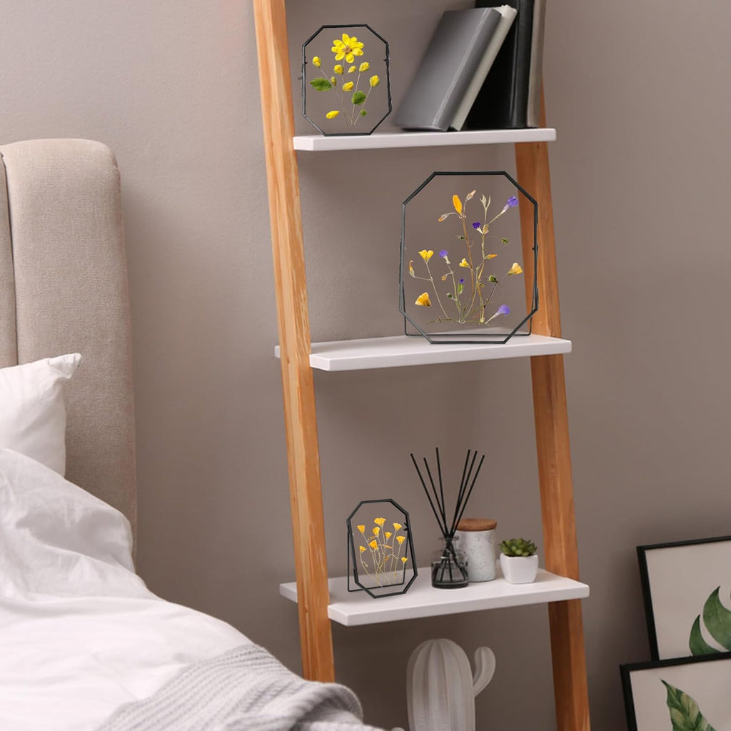 Glass Pressed Flower Frame Handmade, Metal Floating Picture Frame, Double Glass for Pressed Flowers Tabletop Display, Unique Brass Octagon, Black, 5x7 Inches (FRAME ONLY)