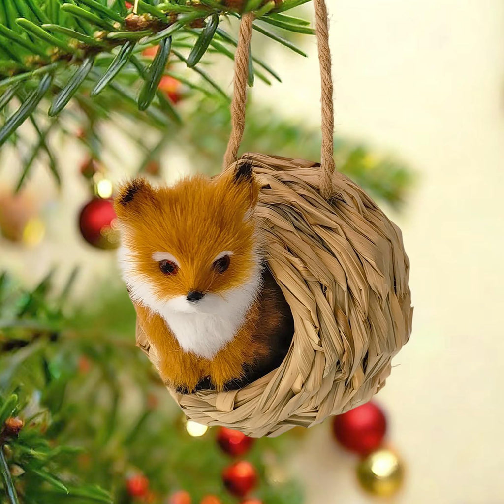 3D Forest Animals Ornaments for Christmas Tree Woodland Furry Animal Ornament Handmade Bird Nest with Plush Animals for Xmas Tree Faux Fur Animal Hanging Decoration Home (4inch Nest & Fox)