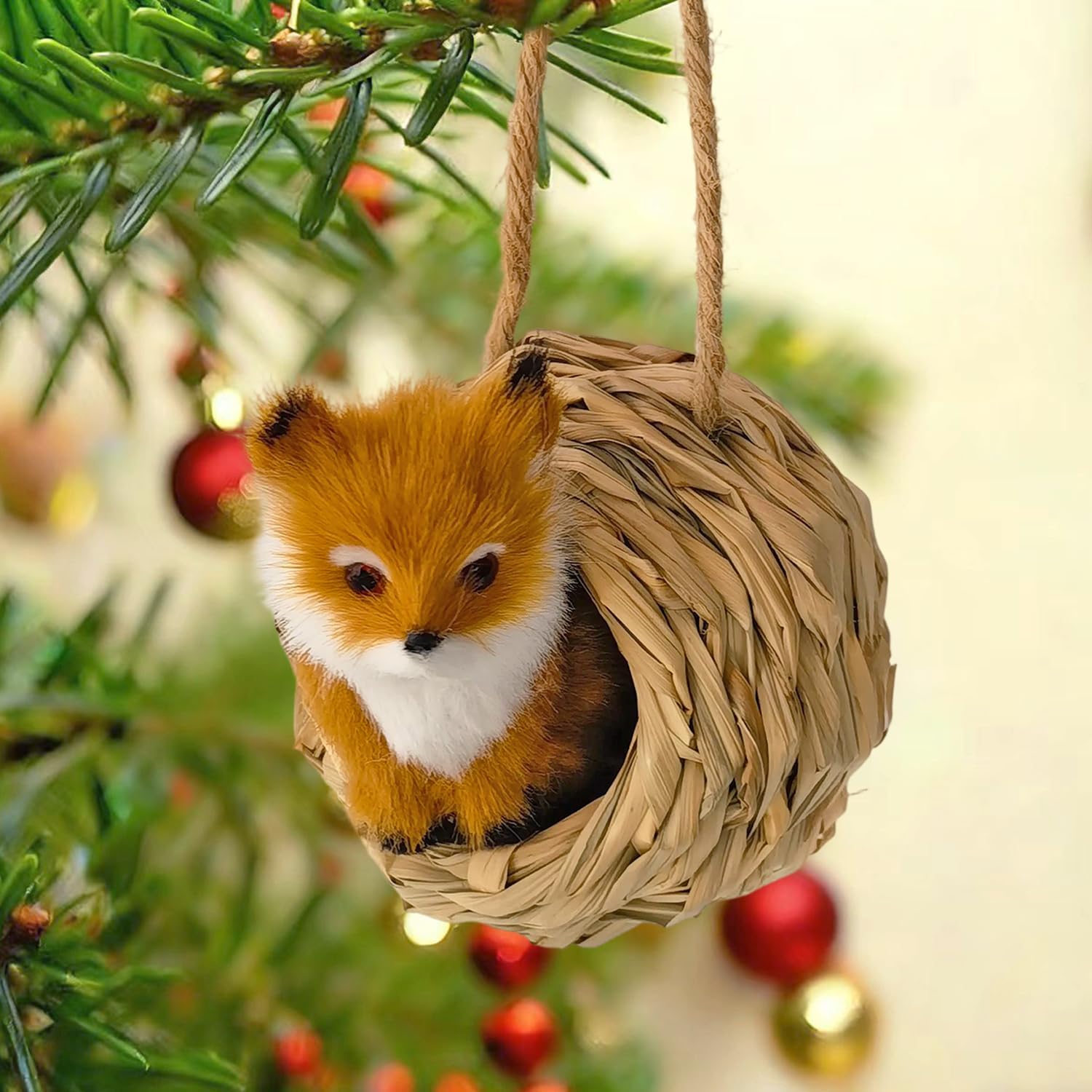 3D Forest Animals Ornaments for Christmas Tree Woodland Furry Animal Ornament Handmade Bird Nest with Plush Animals for Xmas Tree Faux Fur Animal Hanging Decoration Home (4inch Nest & Fox)