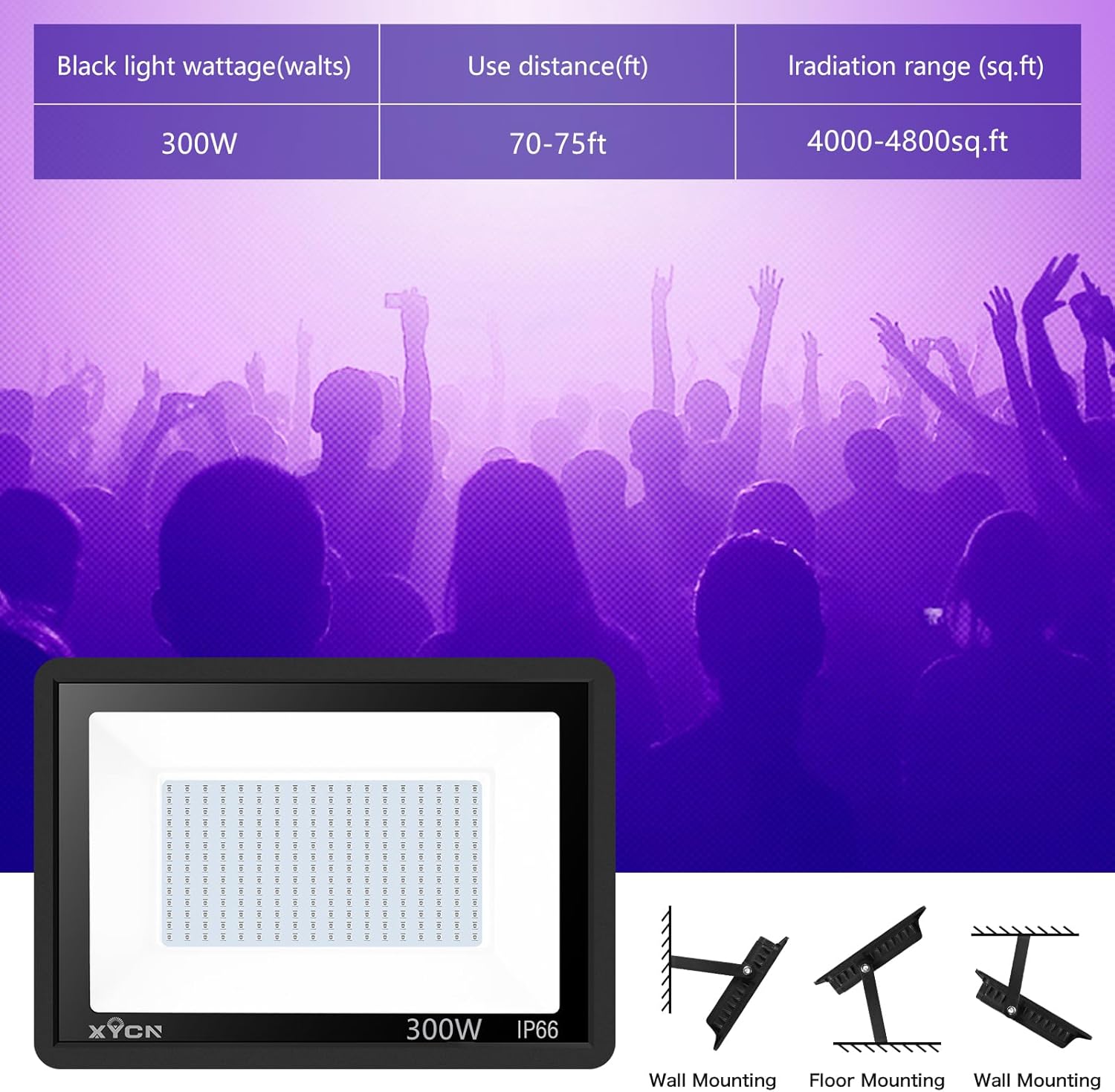 4 Pack 300W LED Flood Black Lights,395nm to 405nm UV Outdoor Flood High Power Blacklight Light with Plug in, IP66 Waterproof Large Black Light Spotlight for Glow Party Large Space, Halloween