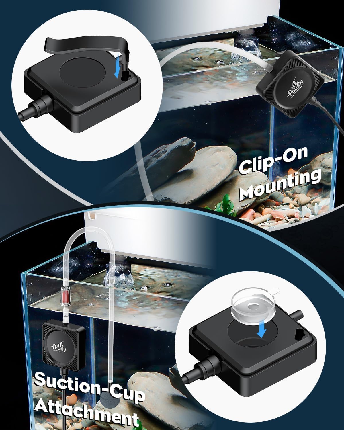 Pawfly Mini Aquarium Air Pump, Ultra Quiet Oxygen Aerator Kit for 1-15 Gallon Fish Tanks with Air Tubing, Air Stone, Check Valve & Suction Cups