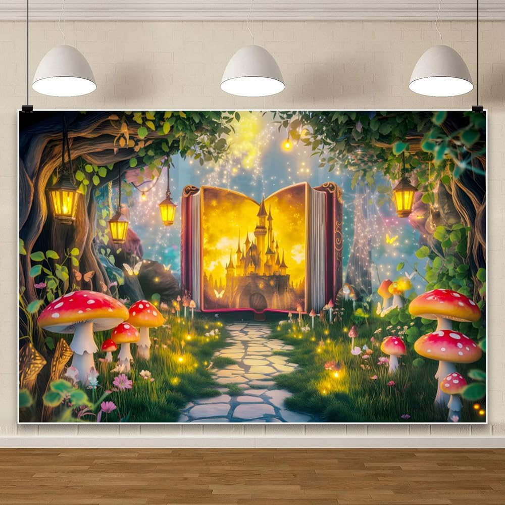 AOFOTO 15x10ft Fairy Tale Castle Books Photography Backdrop Wonderland Tree House Mushroom Butterfly Magic Story Book Background Girls Princess Kids Birthday Party Decoration Photo Banner Props
