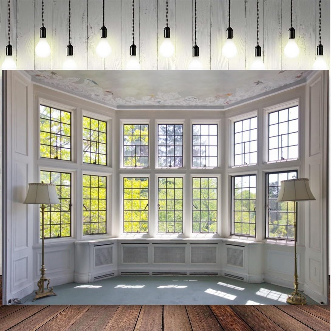 9x6ft Window Landscape Backdrop Summer White Panel Window Green Plant Sunlight Photography Background Anniversary Birthday Party Holiday Festival Portrait Studio Photo Props Polyester