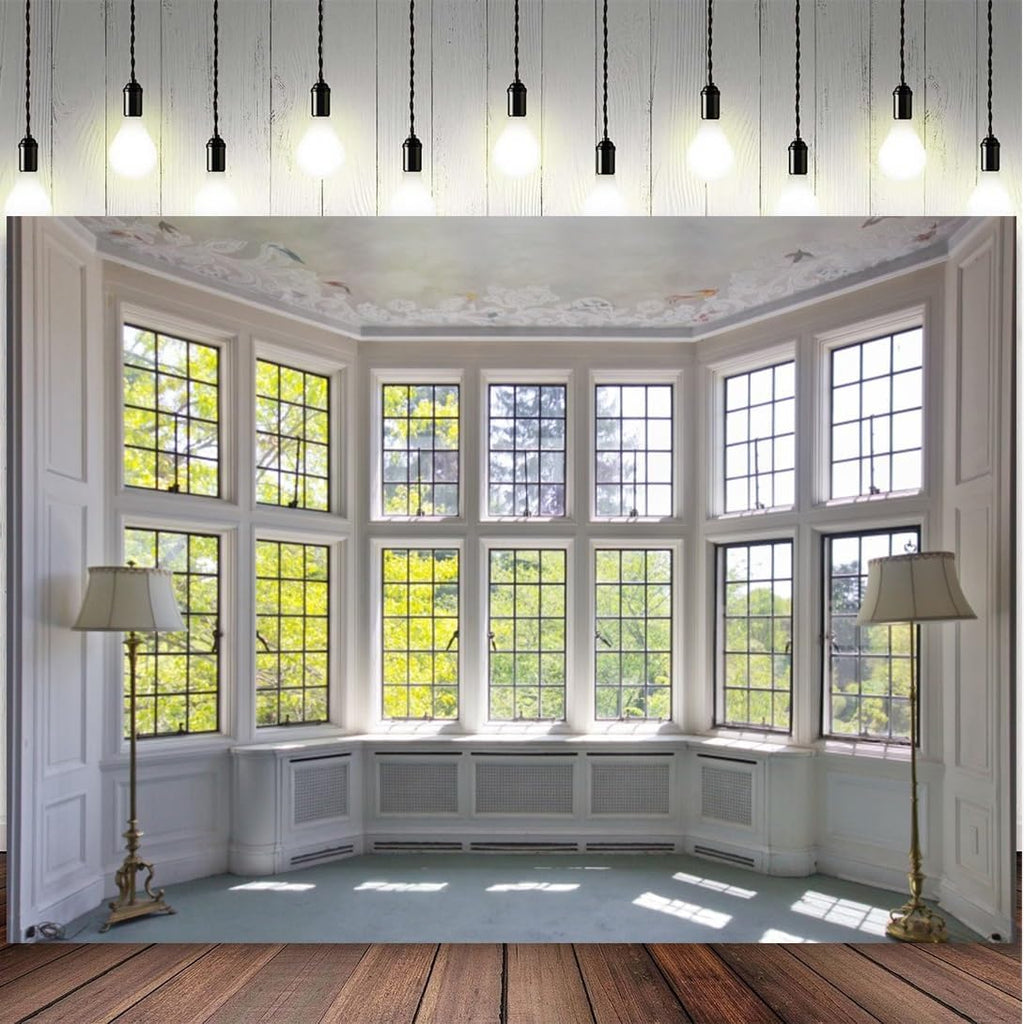 8x6ft Window Landscape Backdrop Summer White Panel Window Green Plant Sunlight Photography Background Anniversary Birthday Party Holiday Festival Portrait Studio Photo Props Polyester