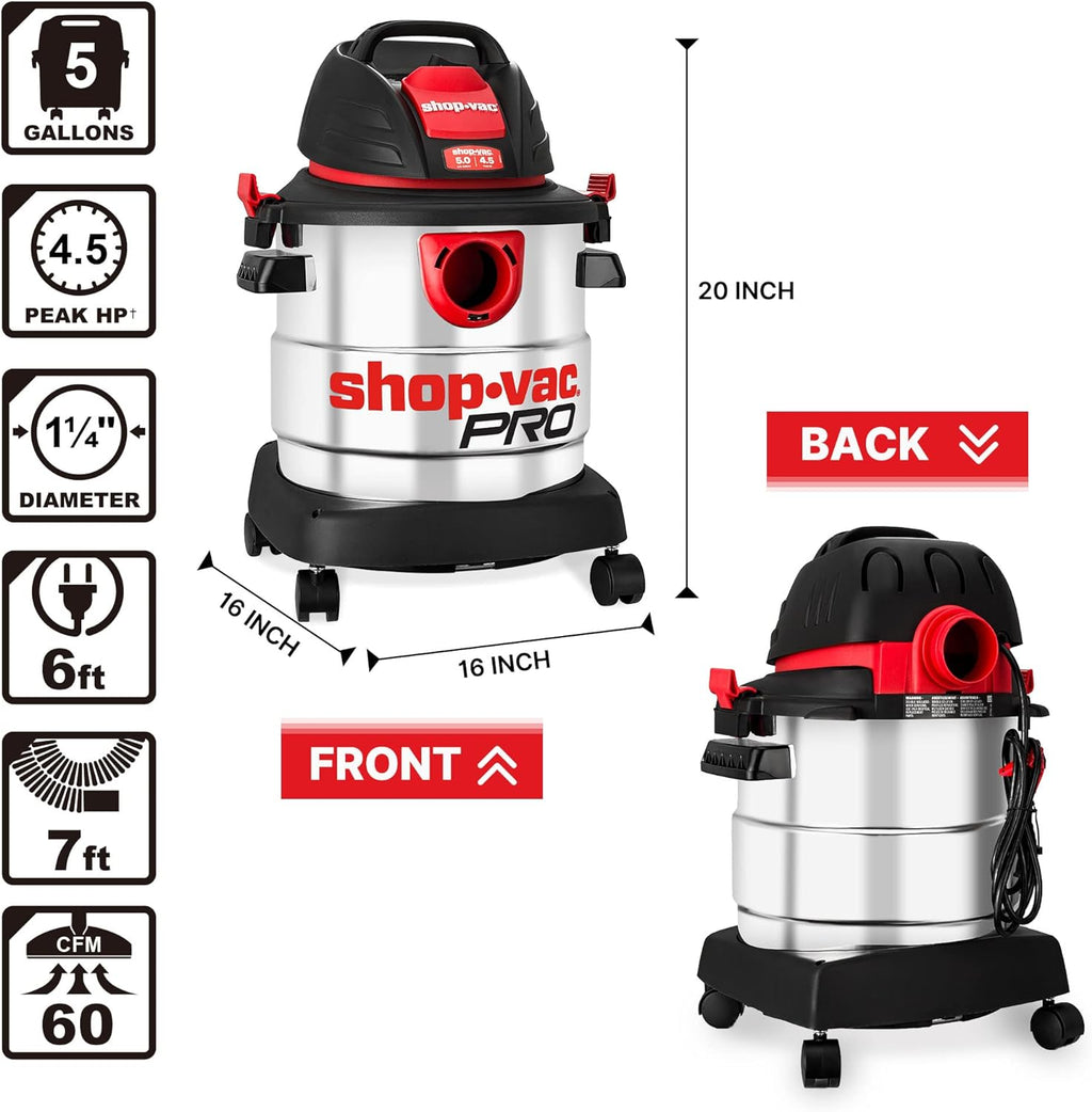 Shop-Vac 5 Gallon 4.5 Peak HP Wet/Dry Vacuum, Stainless Steel Tank, Portable Shop Vacuum with Filter, Hose and Accessories for Garage, Workshop. 5920588