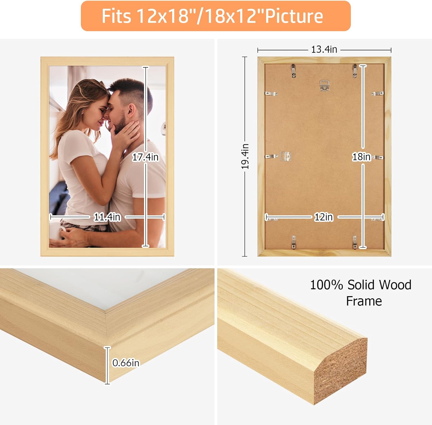 12x18 Wood Frame, Rustic Natural Wooden 18x12in Poster Picture Frame, Modern Beige Woodgrain 12 x 18inch Gallery Wall Photo Frame with HD Plexiglass, Horizontal Vertical Wall Mounting Display 1pcs