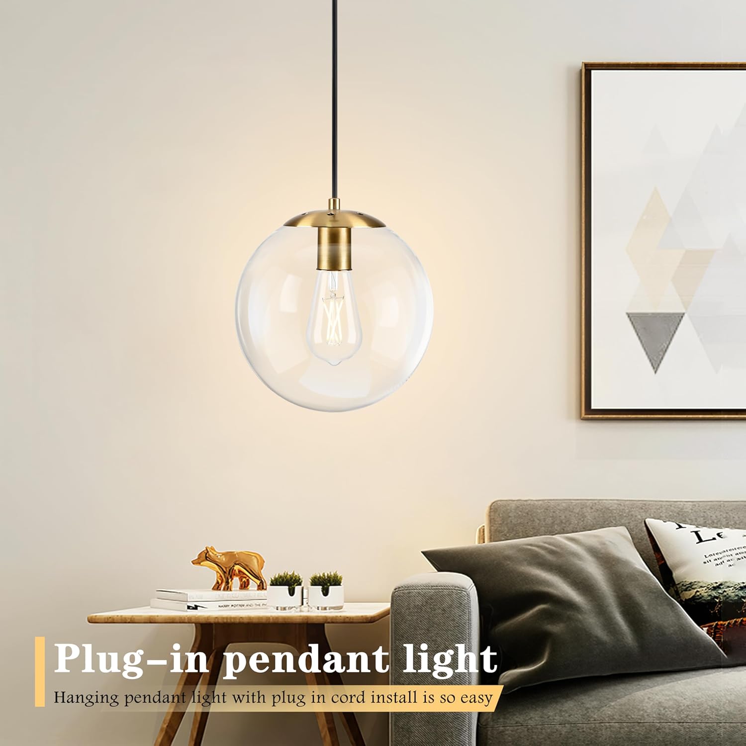 KoKo&Yukina 10" Globe Pendant Light Gold Plug in Pendant Light Adjustable Hanging Lights with Plug in Cord Brushed Gold Finished with Clear Glass Lampshade for Bedroom Kitchen Island（Bulb Included）