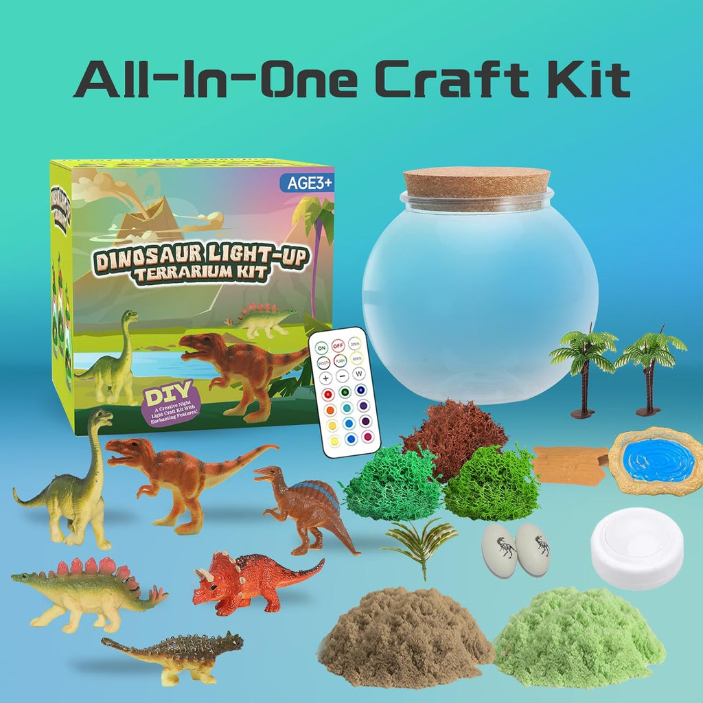Dinosaur Light-Up Terrarium Kit for Kids- Birthday Gifts for Boys Ages 4 5 6 7 8-12 Year Old- Dinosaur Toys for Boys with Multicolor LED Light & Remote