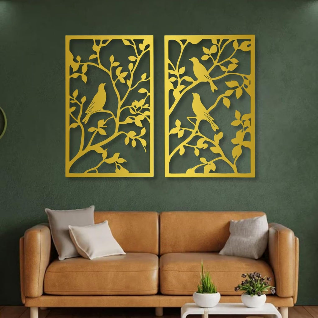 huefoam 2 Pieces Birds on a Branch Wall Decor, Metal Tree Branch Wall Decor, Metal Bird Wall Art for Living Room, Bedroom, Dining Room (Gold, single:30"×19"/76×48cm(set of 2), metal art wall decor)