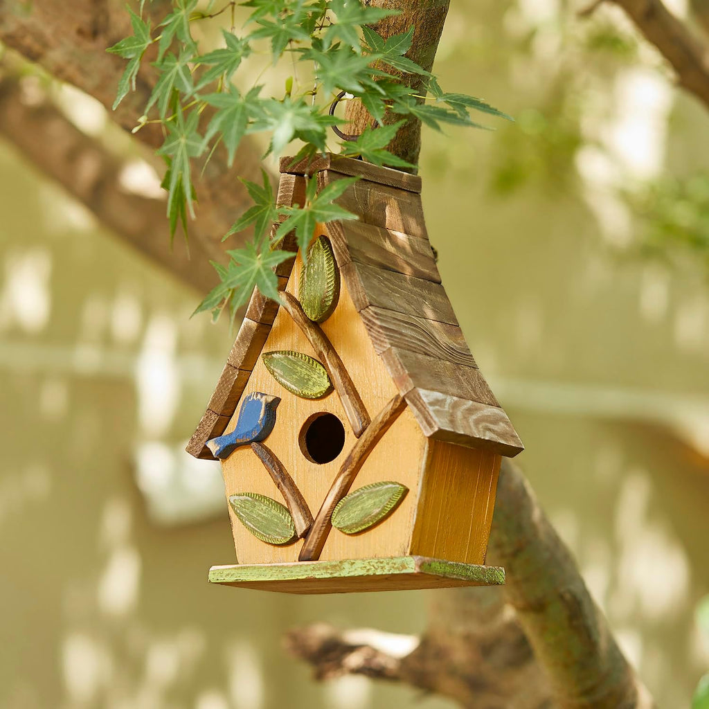 Glitzhome Bird Houses for Outdoors, Solid Wood Bluebird Houses for Outside, 9.5" H Garden Decorative Hanging Birdhouse with Natural Wood Pallet Roof for Finch Swallow Wren Chickadee,Washed Yellow