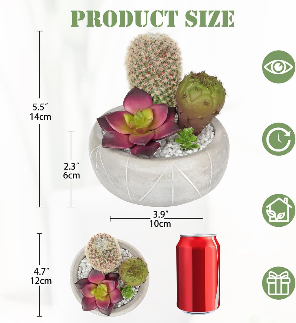 Artificial Cactus Plants Indoor, 5.5" Assorted Small Faux Purple Succulent in Pots Fake Potted Desk Plant with Concrete Bowl Succulents Artificial Cactus Decor for Home Office Bathroom Table Shelf