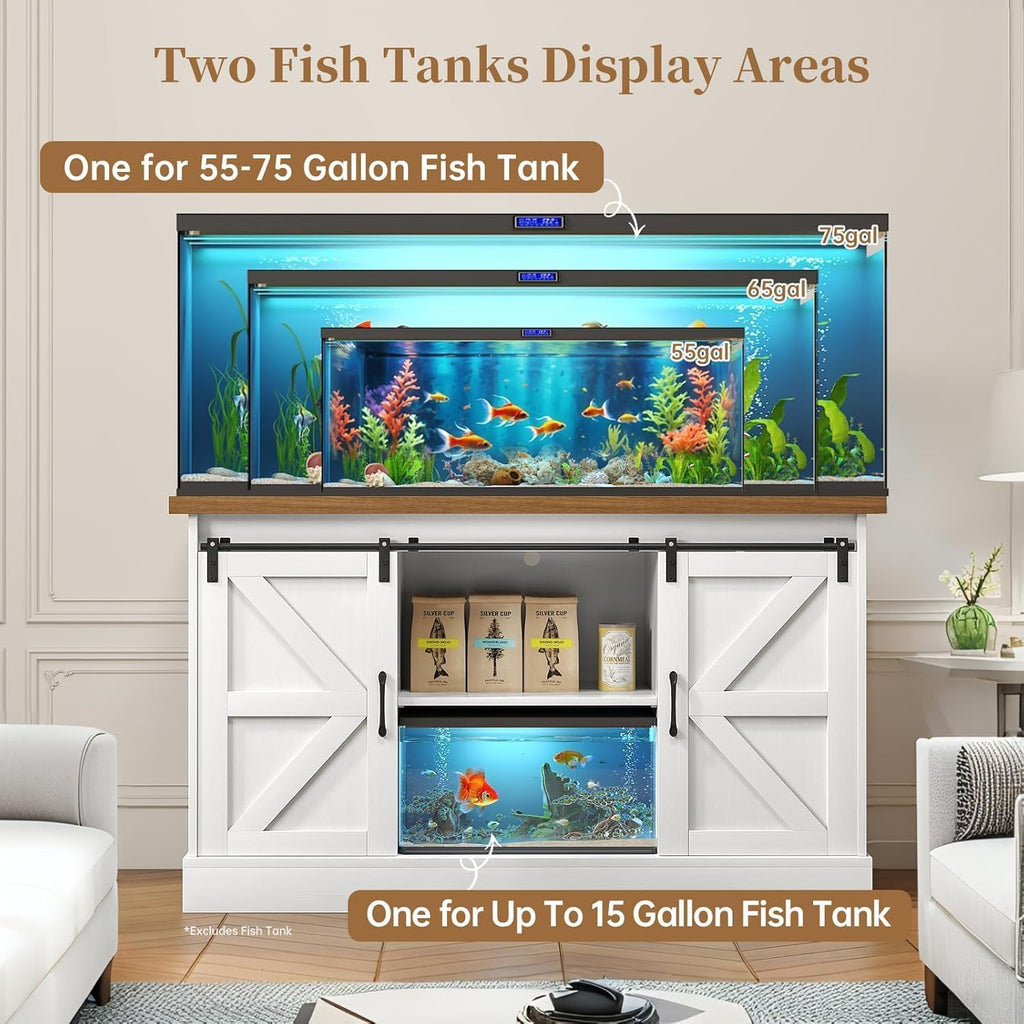 55-75 Gallon Fish Tank Stand with Sliding Barn Doors & Power Outlet, Heavy Duty Aquarium Stand with Cabinet Storage for Fish Tank, Turtle Tank, Reptile Terrarium, Capacity 1000LBS
