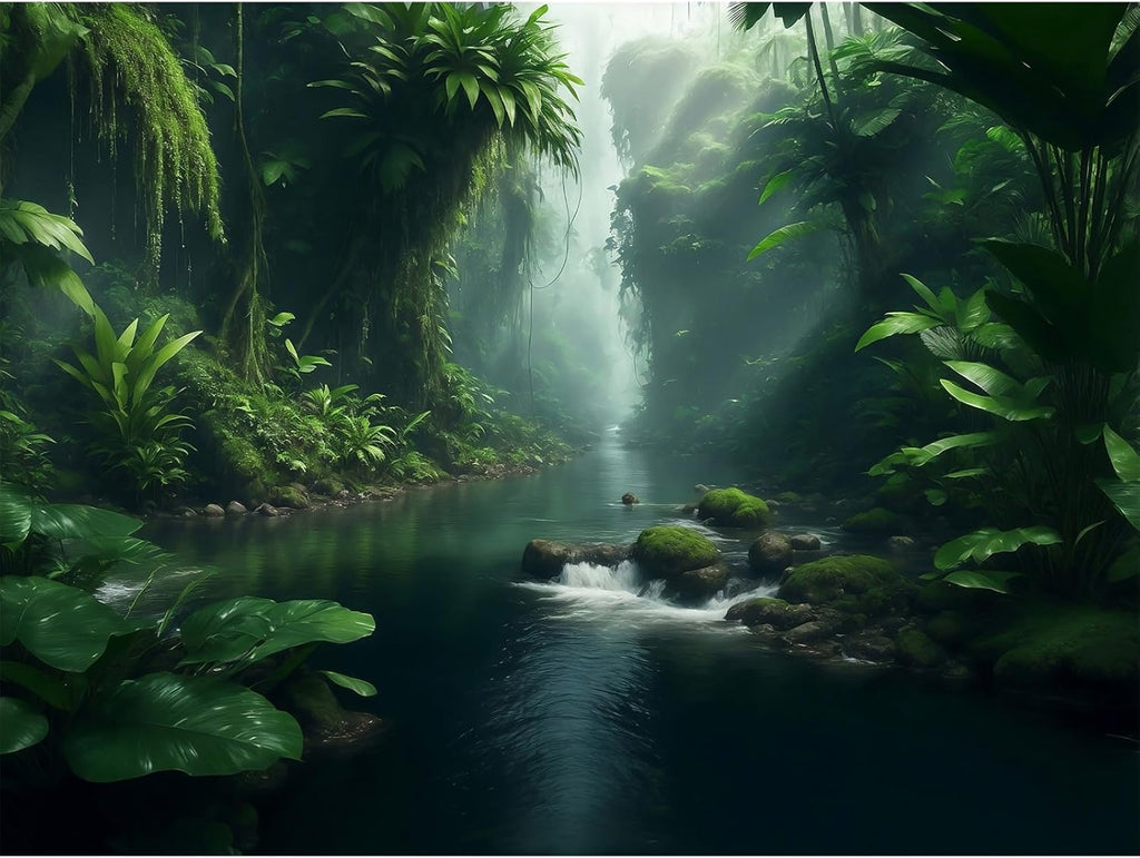 Jungle Aquarium Background Stream River Foggy Rainforest Terrarium Background Waterfall with Lush Green Jungle Plants Fish Tank Background Tranquil Natural Jungle Forest Aquarium Backdrop 72x16in